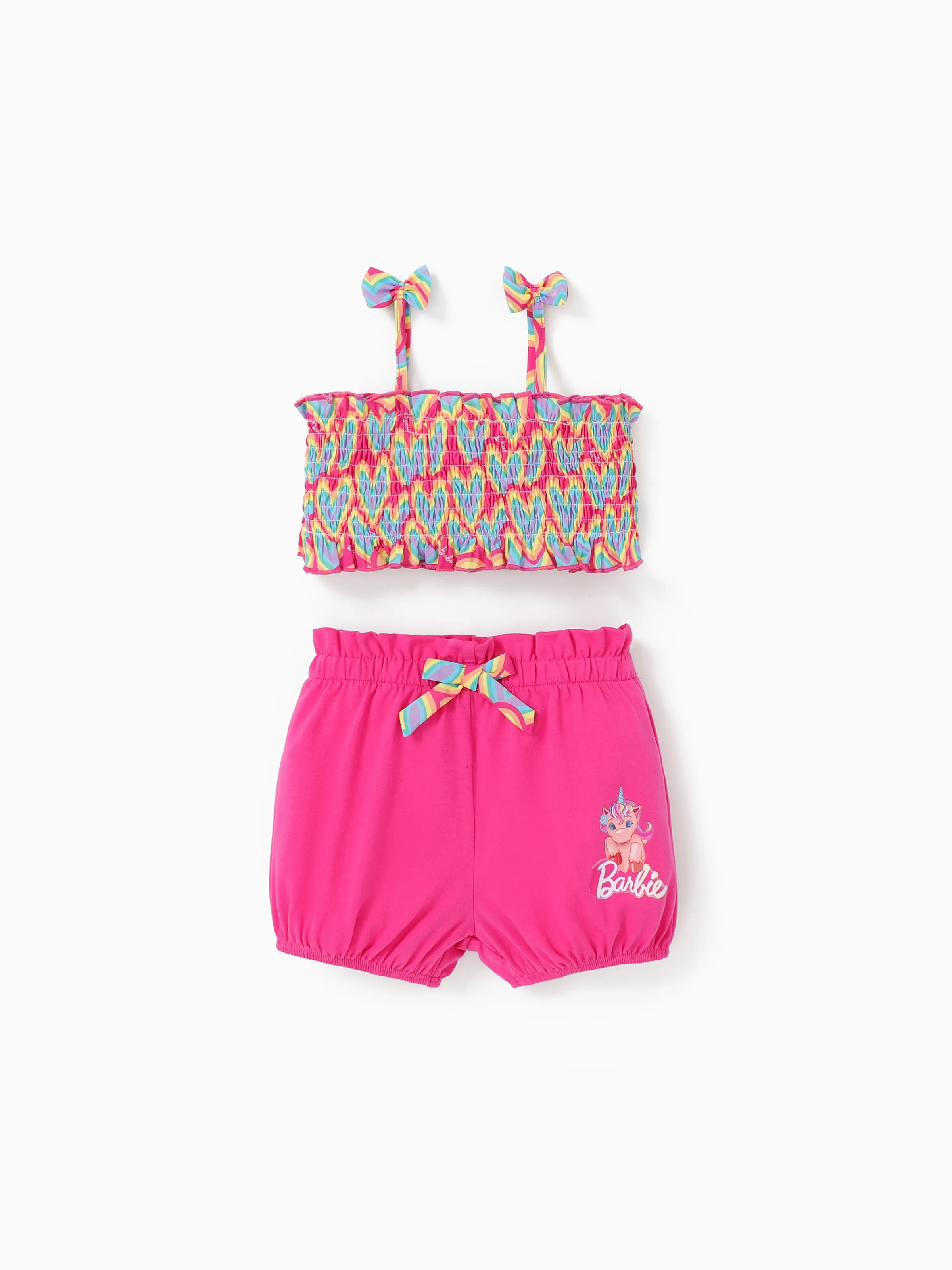 Barbie 2pcs Baby/Toddler Girls Top with all-over printed Bow Camisole and Soft Cotton Lantern Shorts Set
