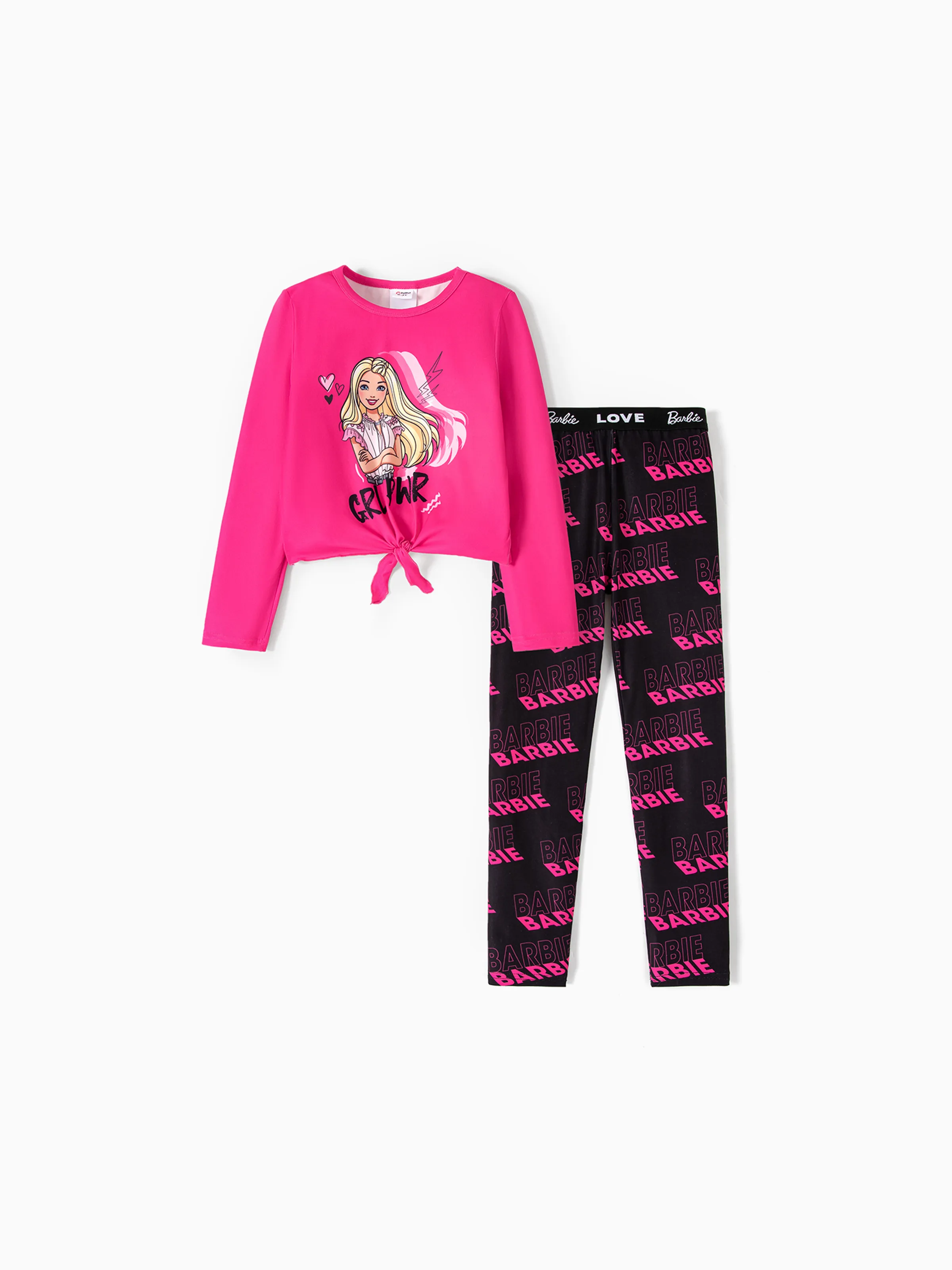 Barbie Kid Girl 2pcs Knot Hem Long-sleeve Top and Letter Print Leggings Pants Set 