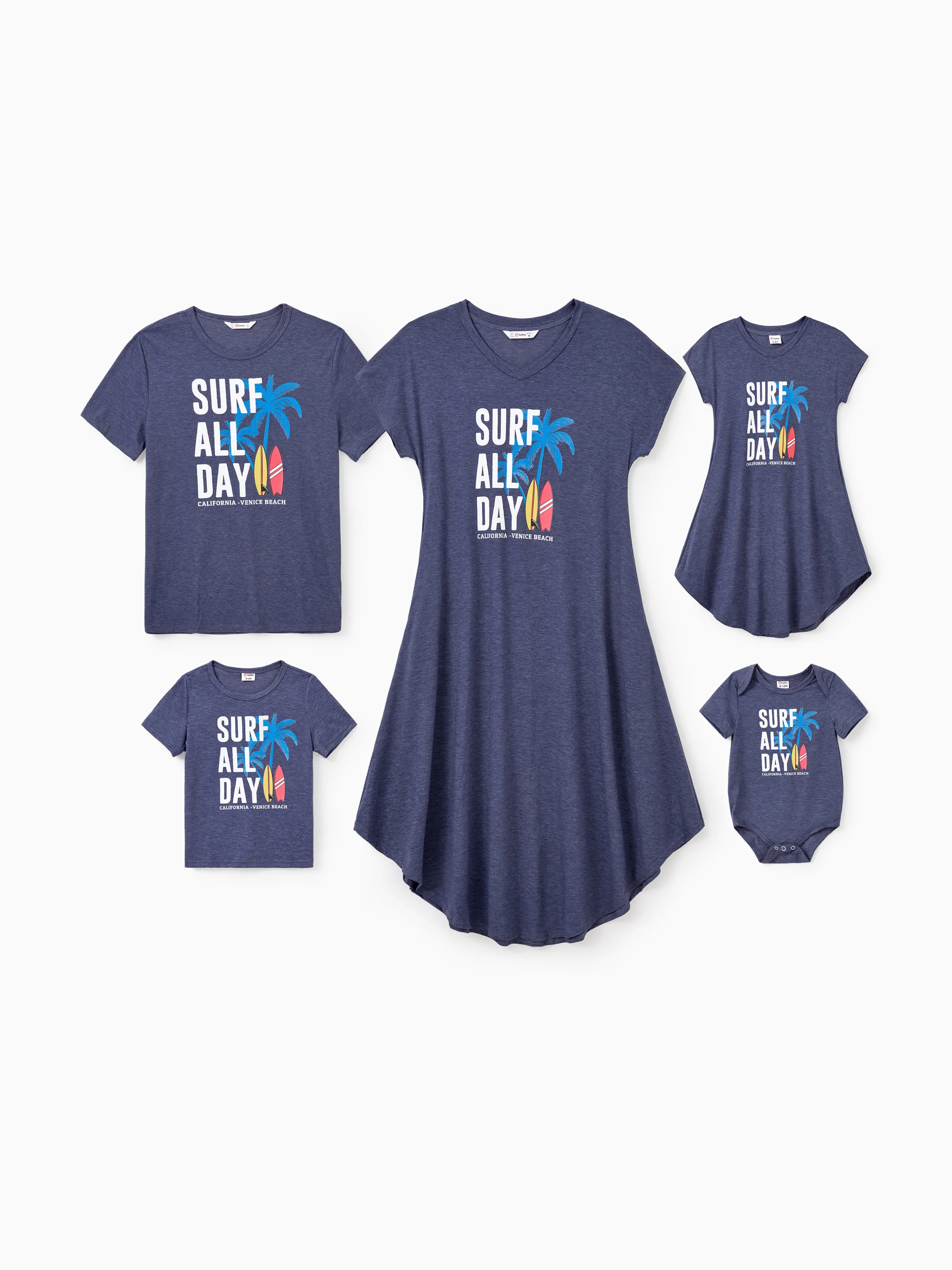 

Family Matching Sets Deep Blue Coconut Tree and Slogan Printed Tee or Short Sleeves A-Line Dress With Pockets