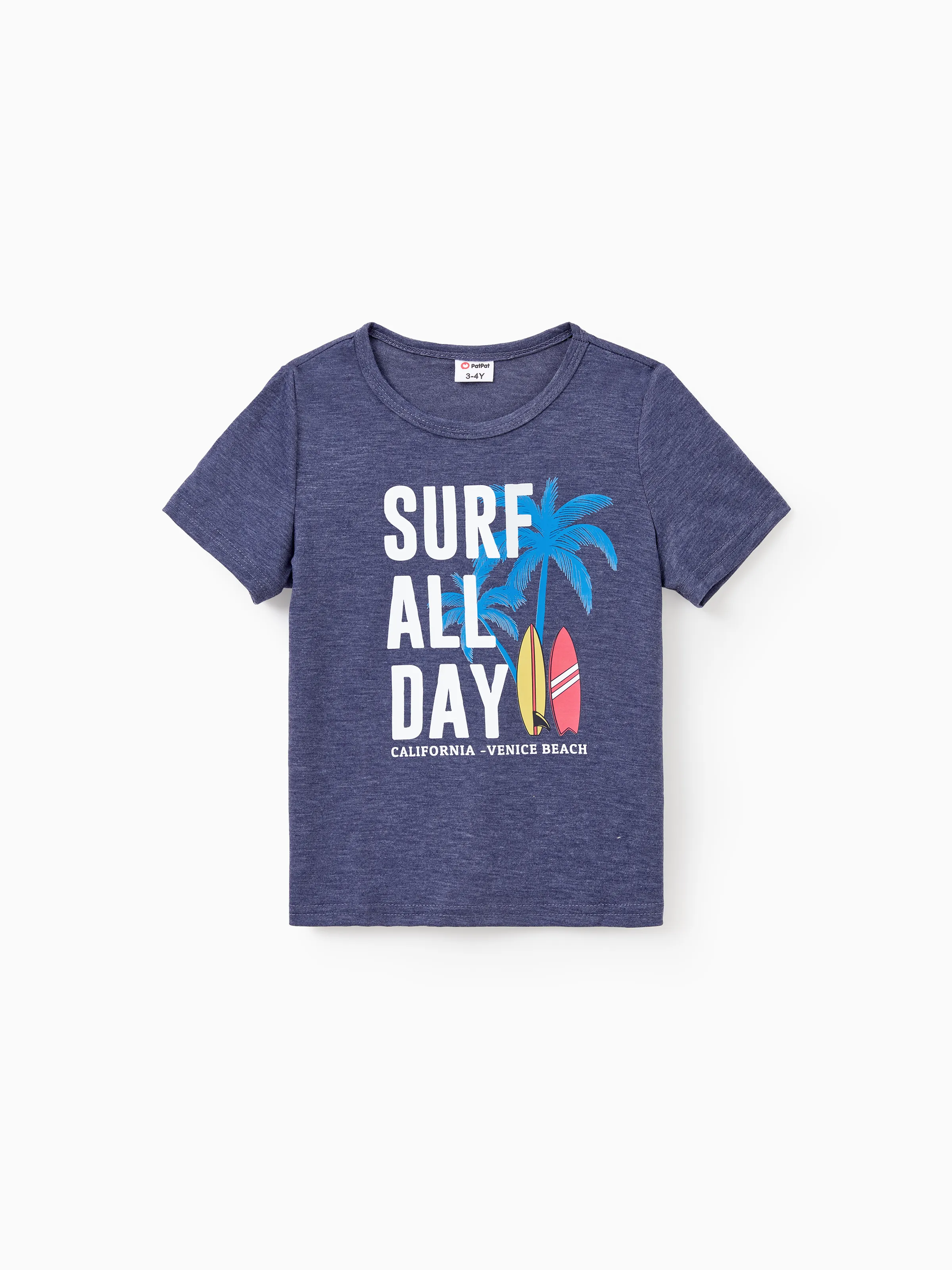 

Family Matching Sets Deep Blue Coconut Tree and Slogan Printed Tee or Short Sleeves A-Line Dress With Pockets