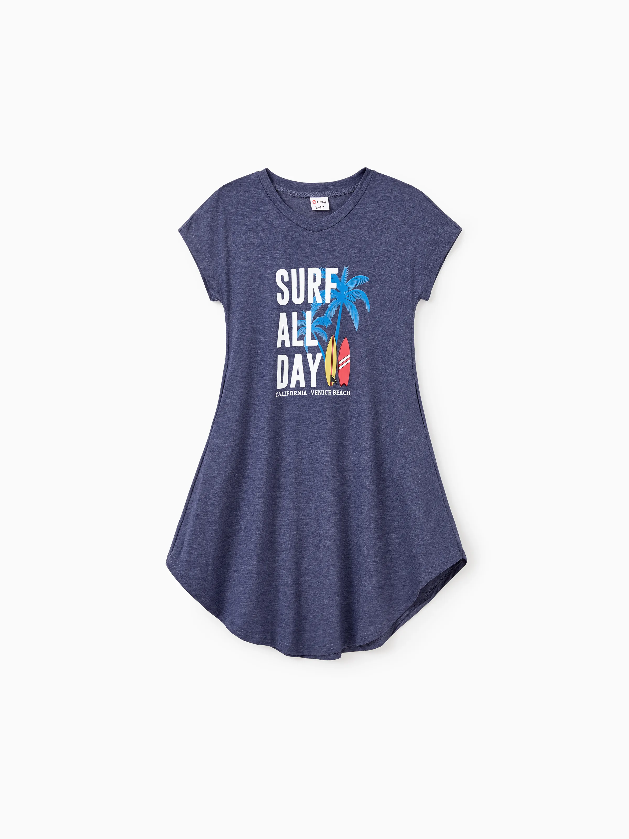 

Family Matching Sets Deep Blue Coconut Tree and Slogan Printed Tee or Short Sleeves A-Line Dress With Pockets