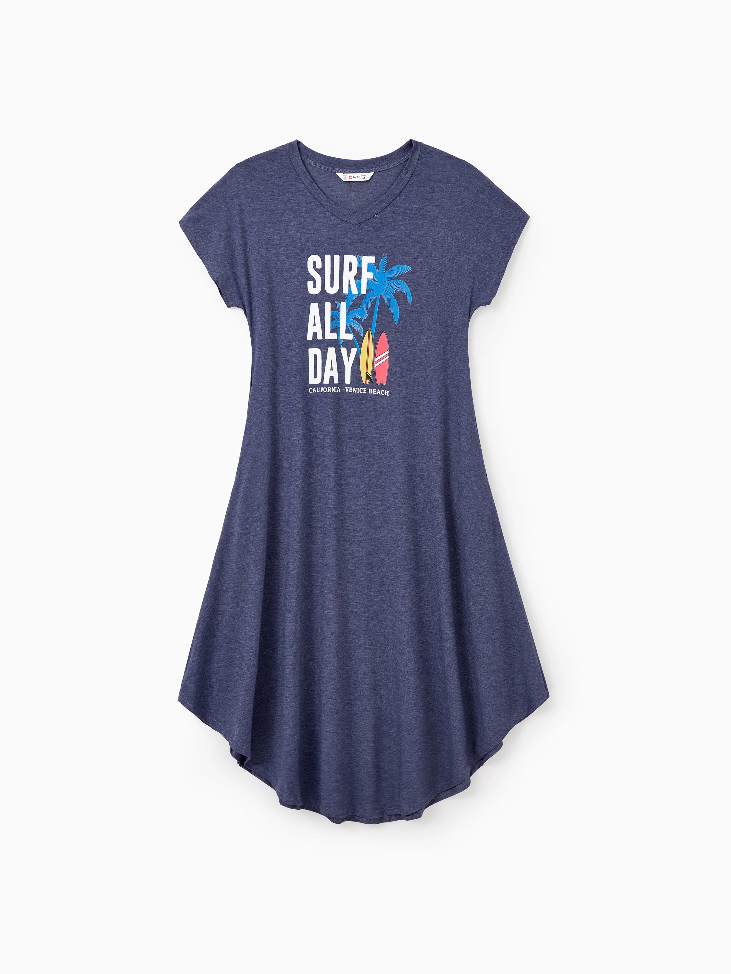 

Family Matching Sets Deep Blue Coconut Tree and Slogan Printed Tee or Short Sleeves A-Line Dress With Pockets