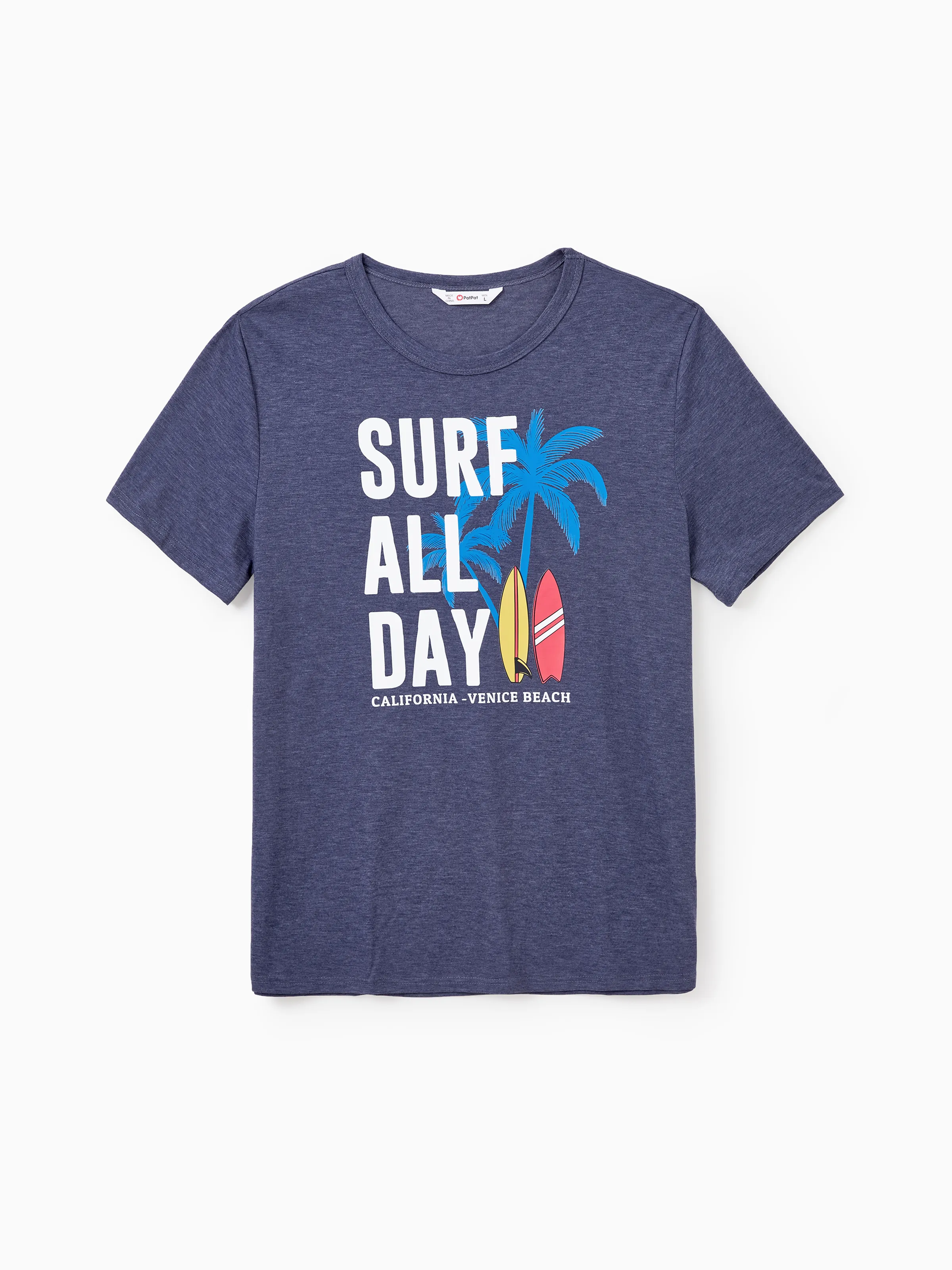 

Family Matching Sets Deep Blue Coconut Tree and Slogan Printed Tee or Short Sleeves A-Line Dress With Pockets