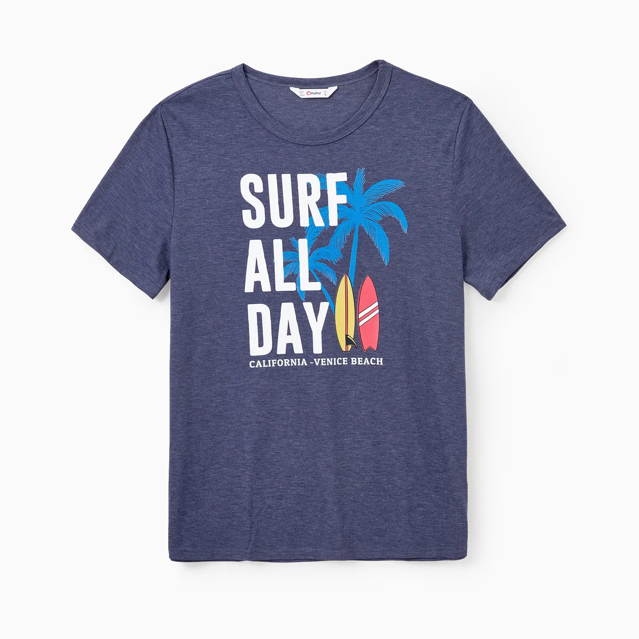 Family Matching Sets Deep Blue Coconut Tree and Slogan Printed Tee or Short Sleeves A-Line Dress With Pockets