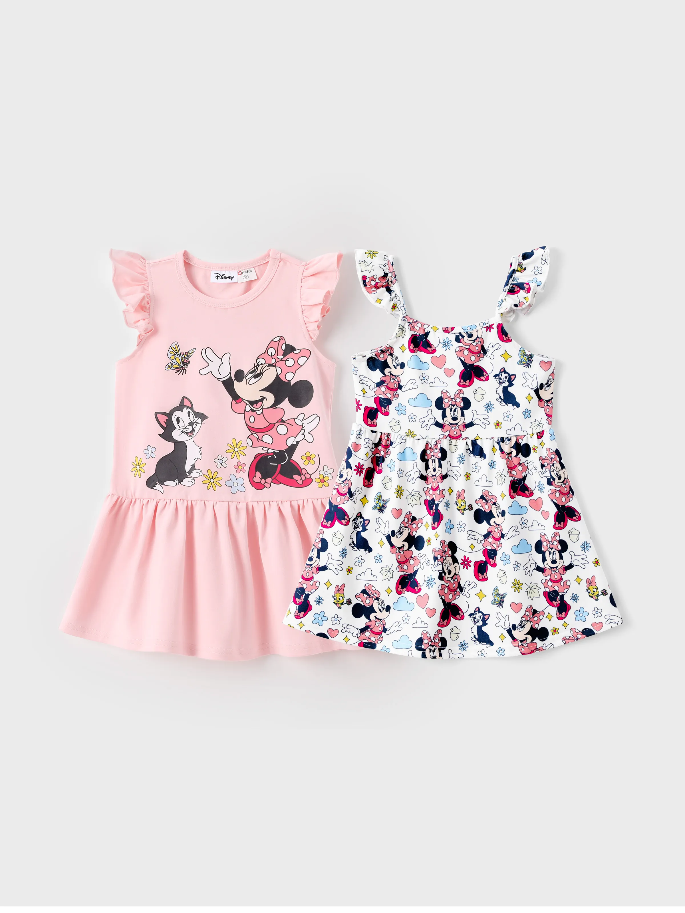 

Disney Mickey and Friends Toddler Girl 2-pack Cotton And Naia™ Minnie Mouse Floral/Bowknot Print Ruffle-sleeve Dresses