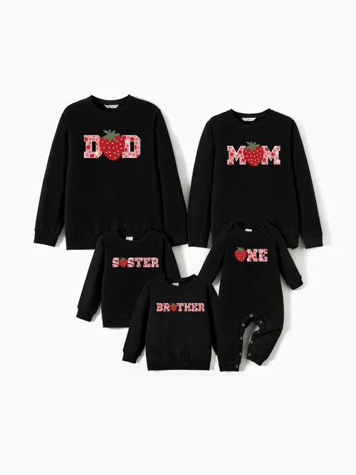 

Valentine's Day Family Matching Strawberry and Letter Print Long-sleeve Black Tops