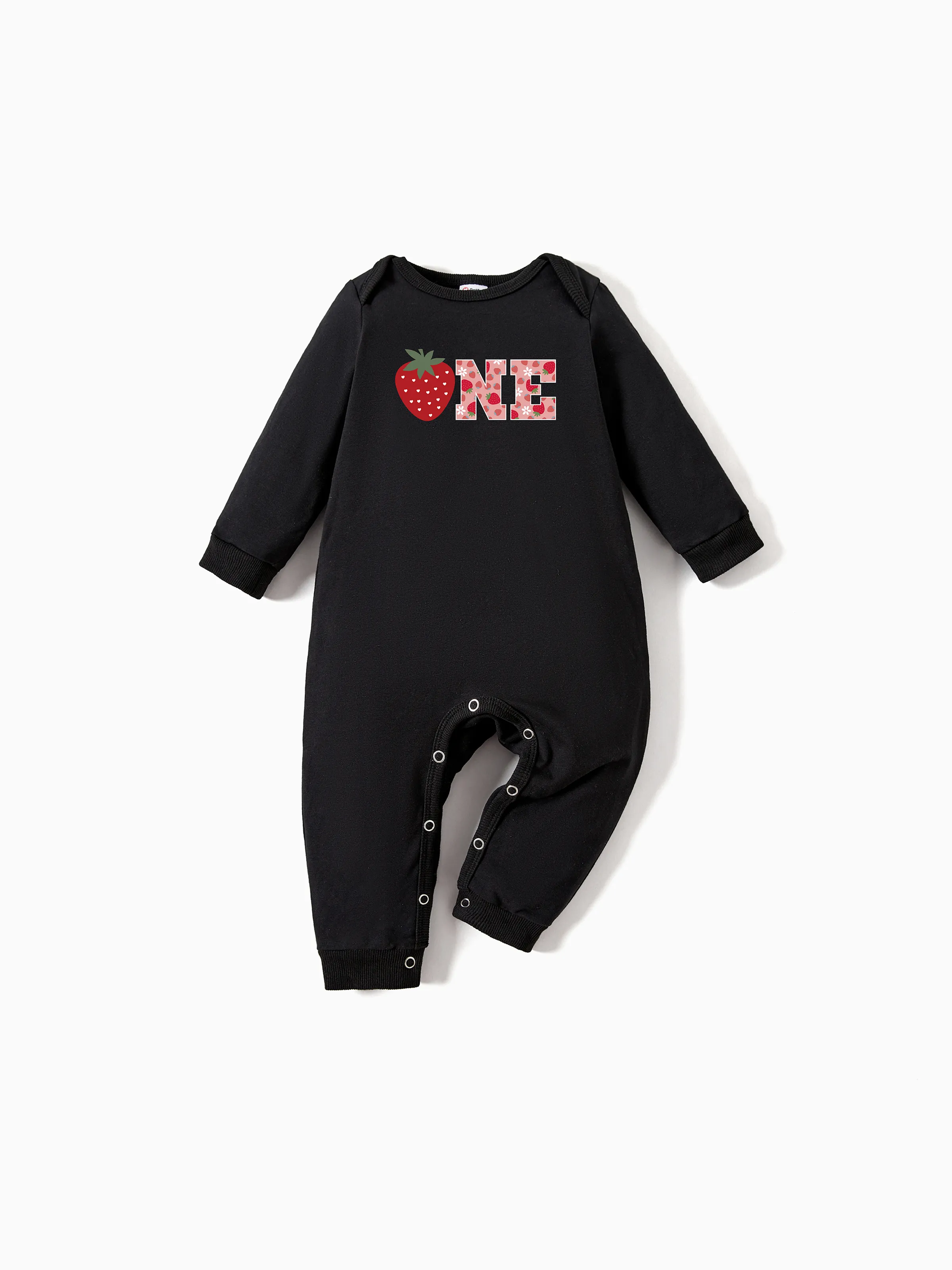 

Valentine's Day Family Matching Strawberry and Letter Print Long-sleeve Black Tops