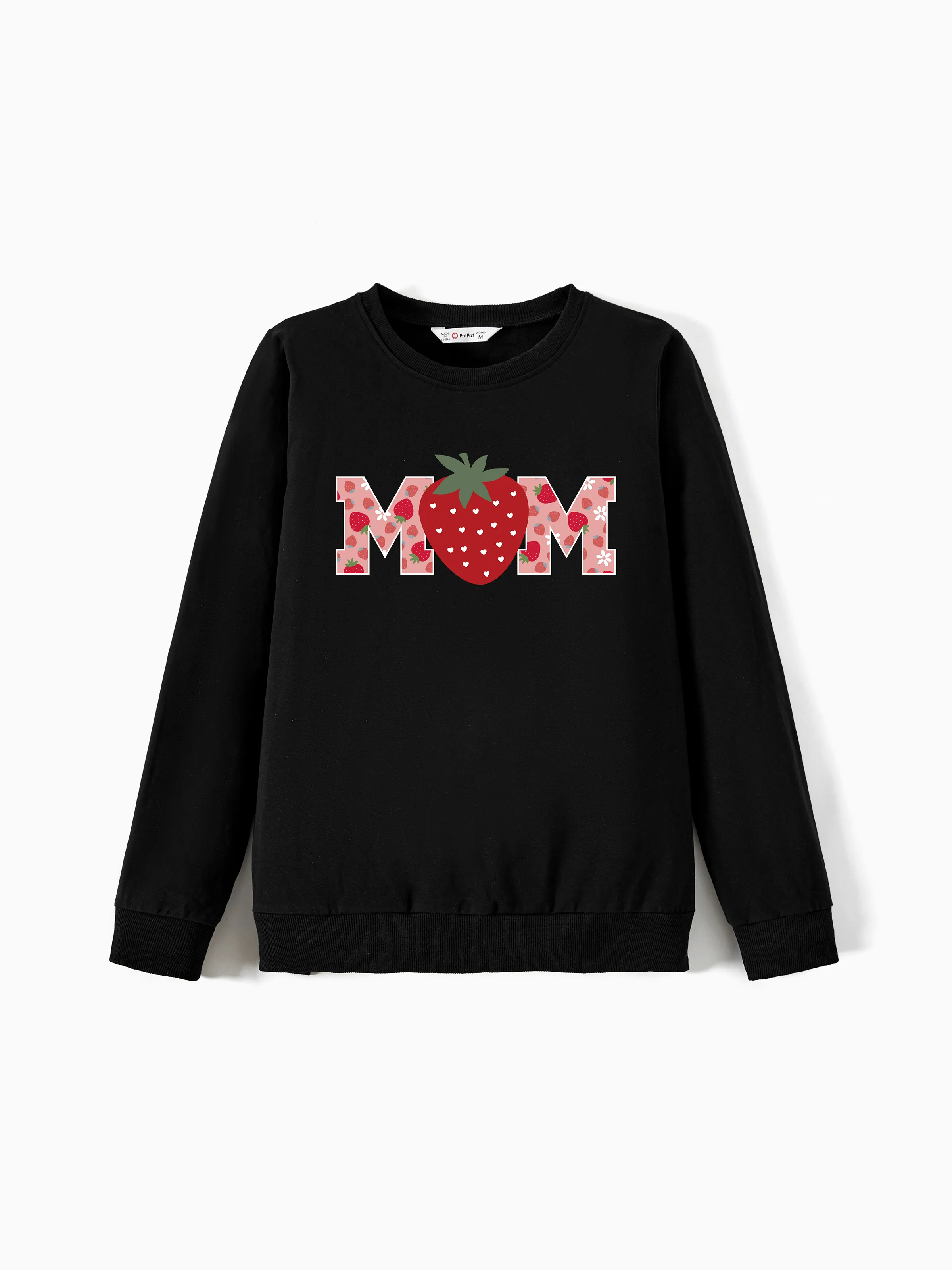 

Valentine's Day Family Matching Strawberry and Letter Print Long-sleeve Black Tops