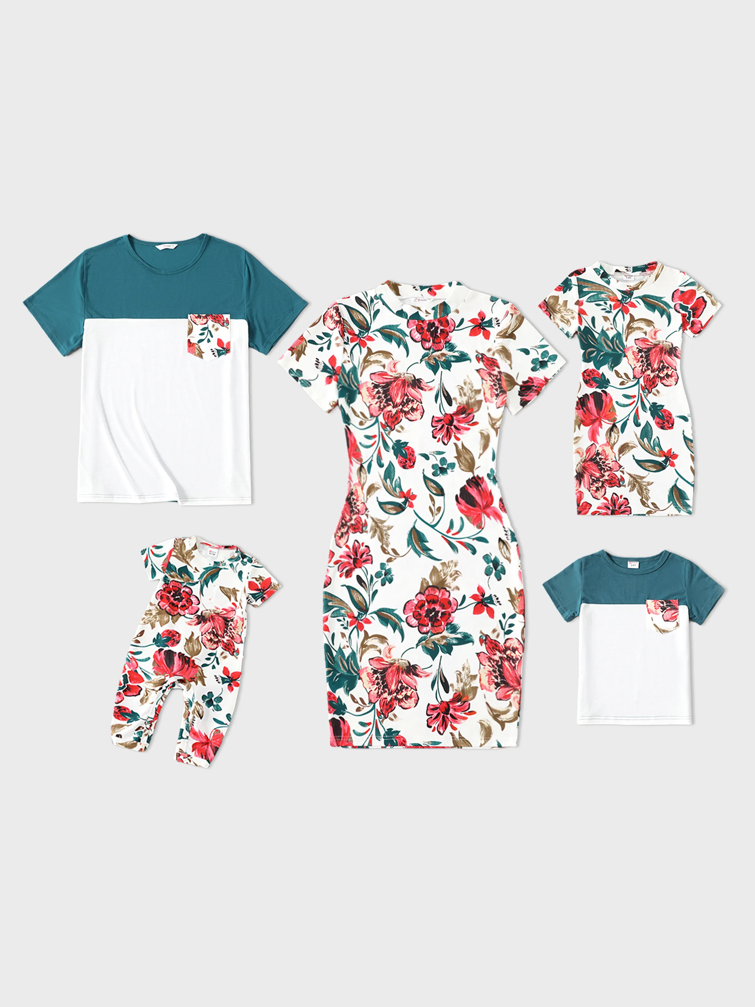 Family Matching All Over Floral Print Short-sleeve Bodycon Dresses and Colorblock T-shirts Sets