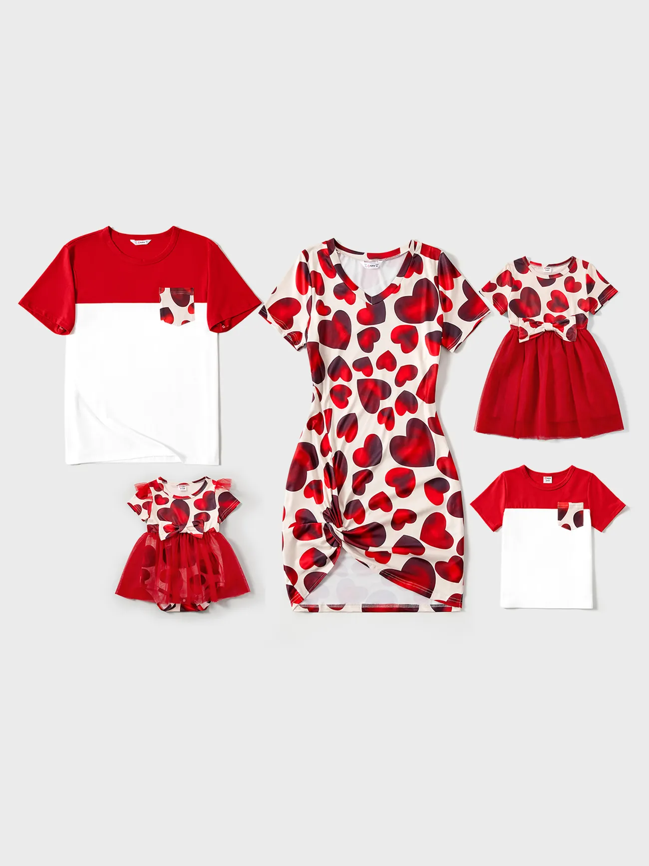 Family Matching Allover Red Heart Print Twist Knot Bodycon Dresses and Short-sleeve Colorblock T-shirts Sets