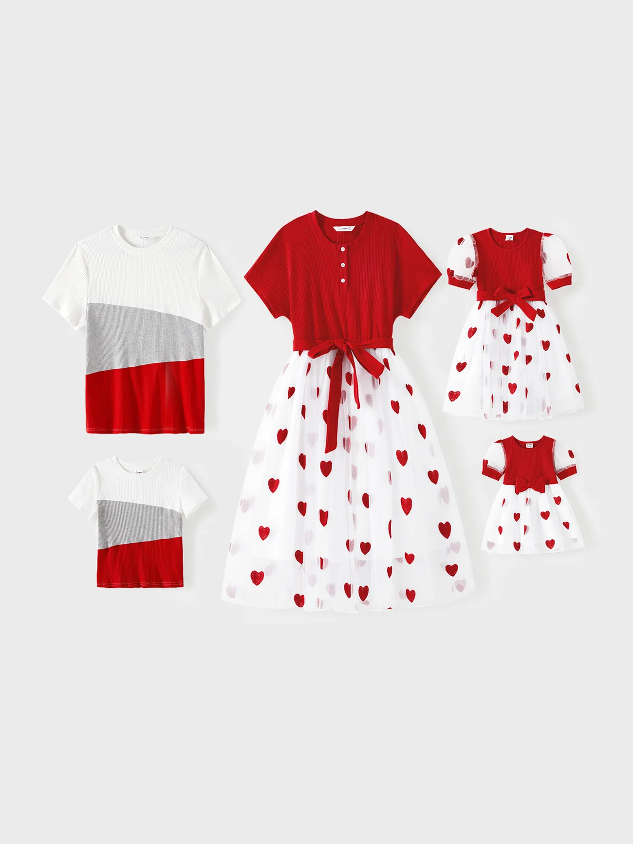 Family Matching Short-sleeve Cotton Ribbed Colorblock T-shirts and Allover Heart Embroidered Mesh Spliced Dresses Sets