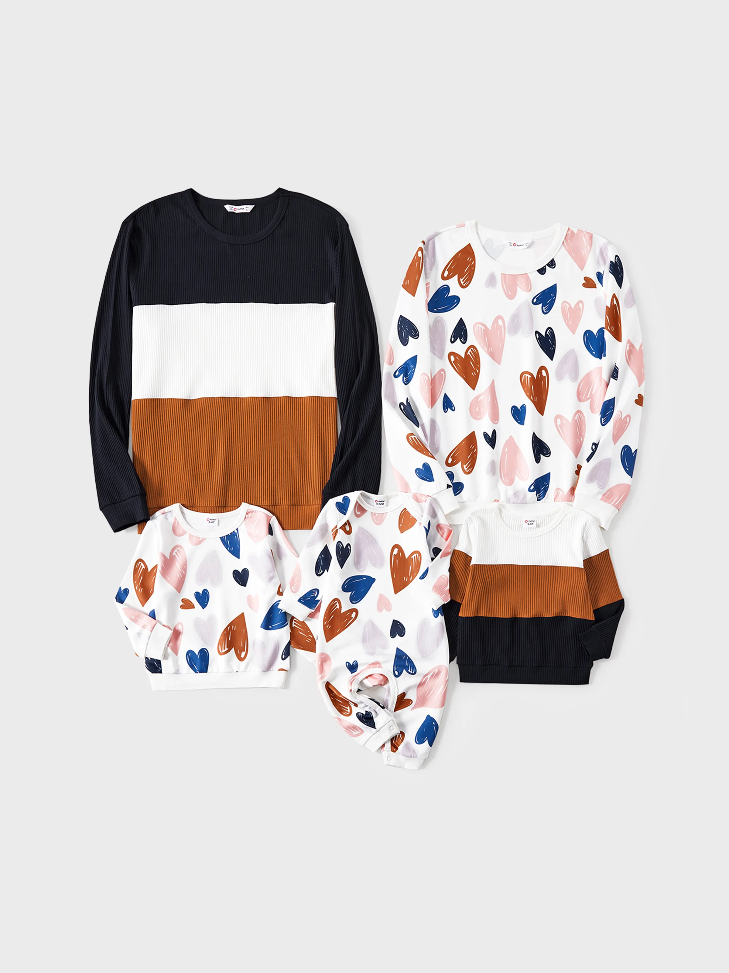 Family Matching Allover Heart Print and Colorblock Ribbed Long-sleeve Sweatshirts