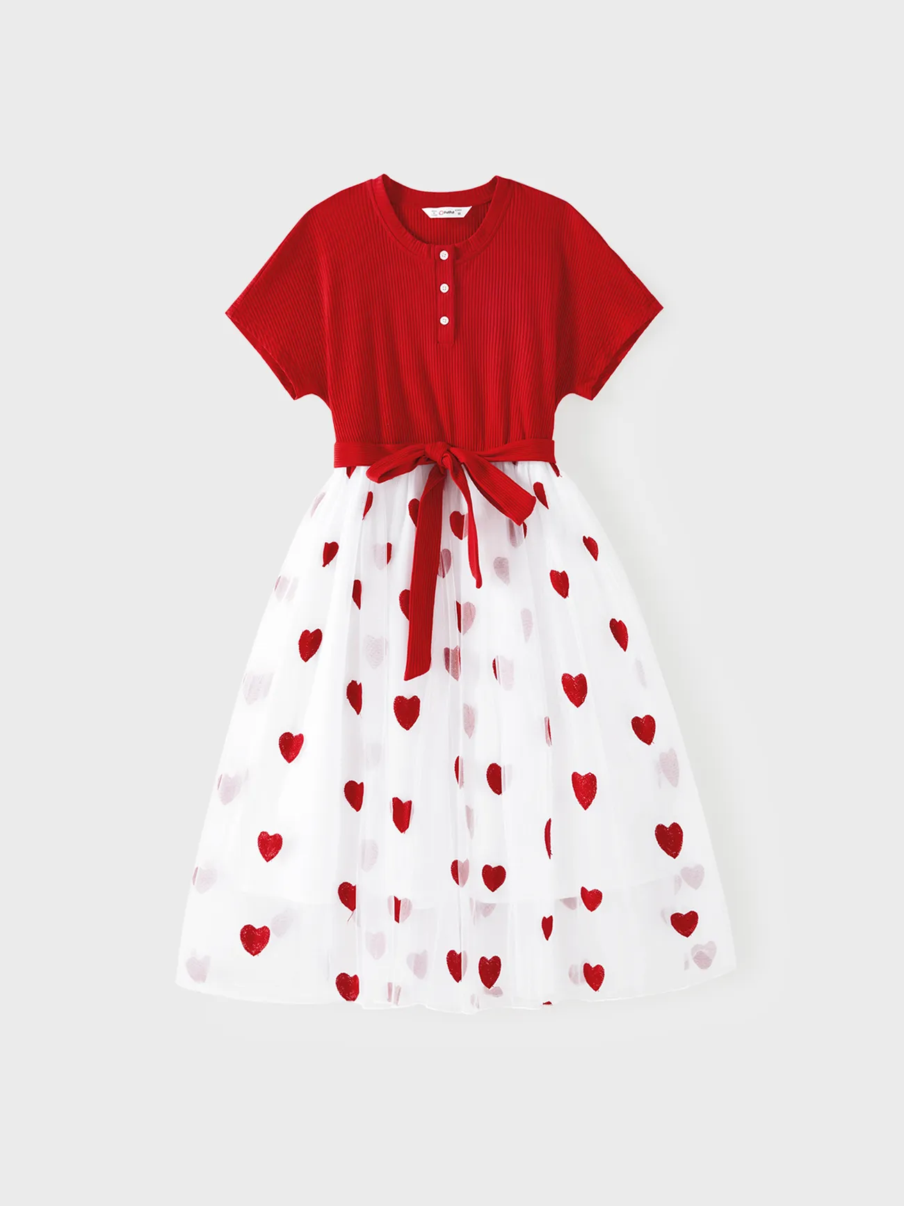 

Family Matching Short-sleeve Cotton Ribbed Colorblock T-shirts and Allover Heart Embroidered Mesh Spliced Dresses Sets