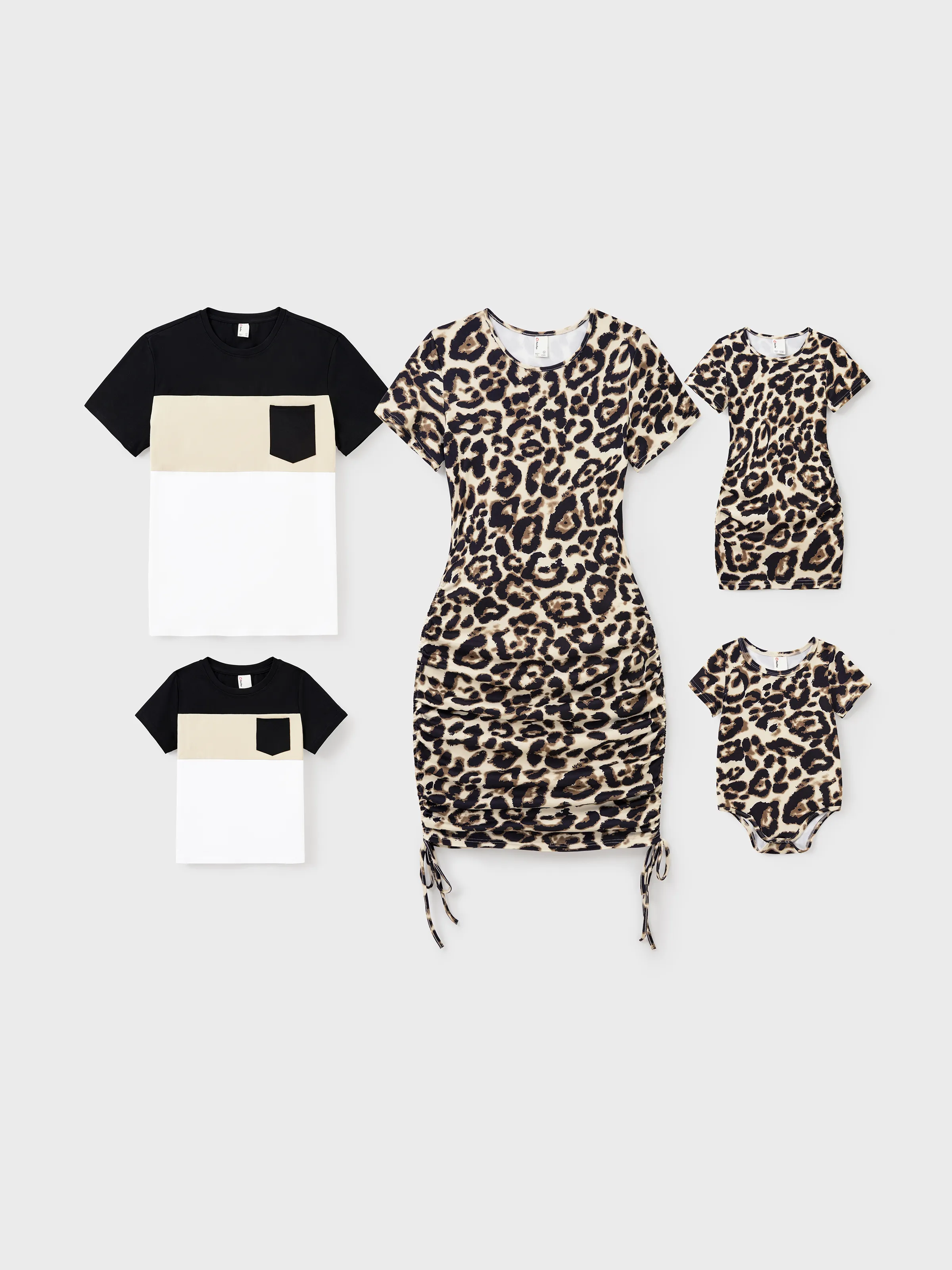 Family Matching Colorblock Short-sleeve Top and Leopard Body-con Dress 