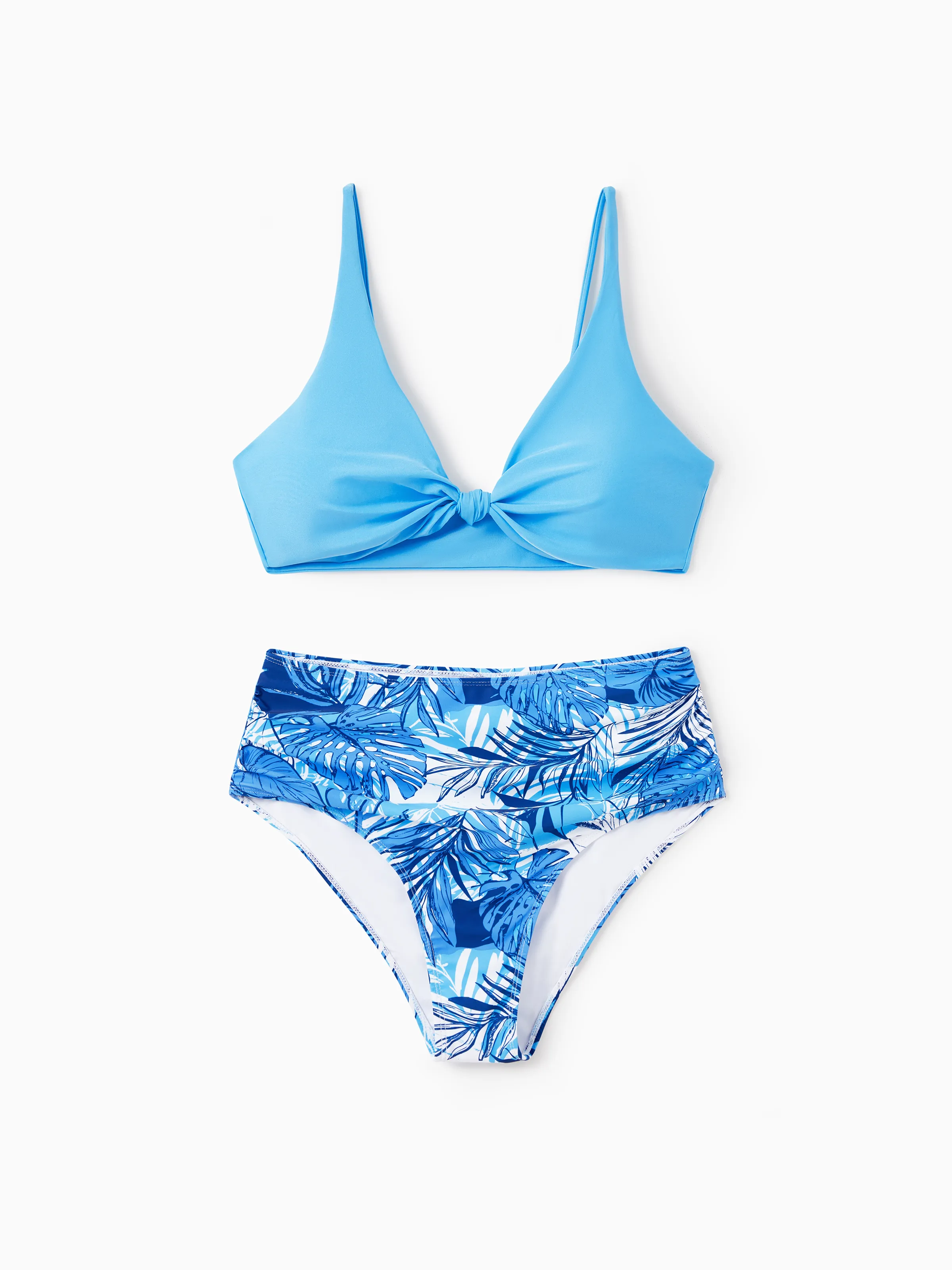 

Family Matching Tropical Leaf Print Blue Swim Trunks or 2 Pieces Tankini Swimsuit