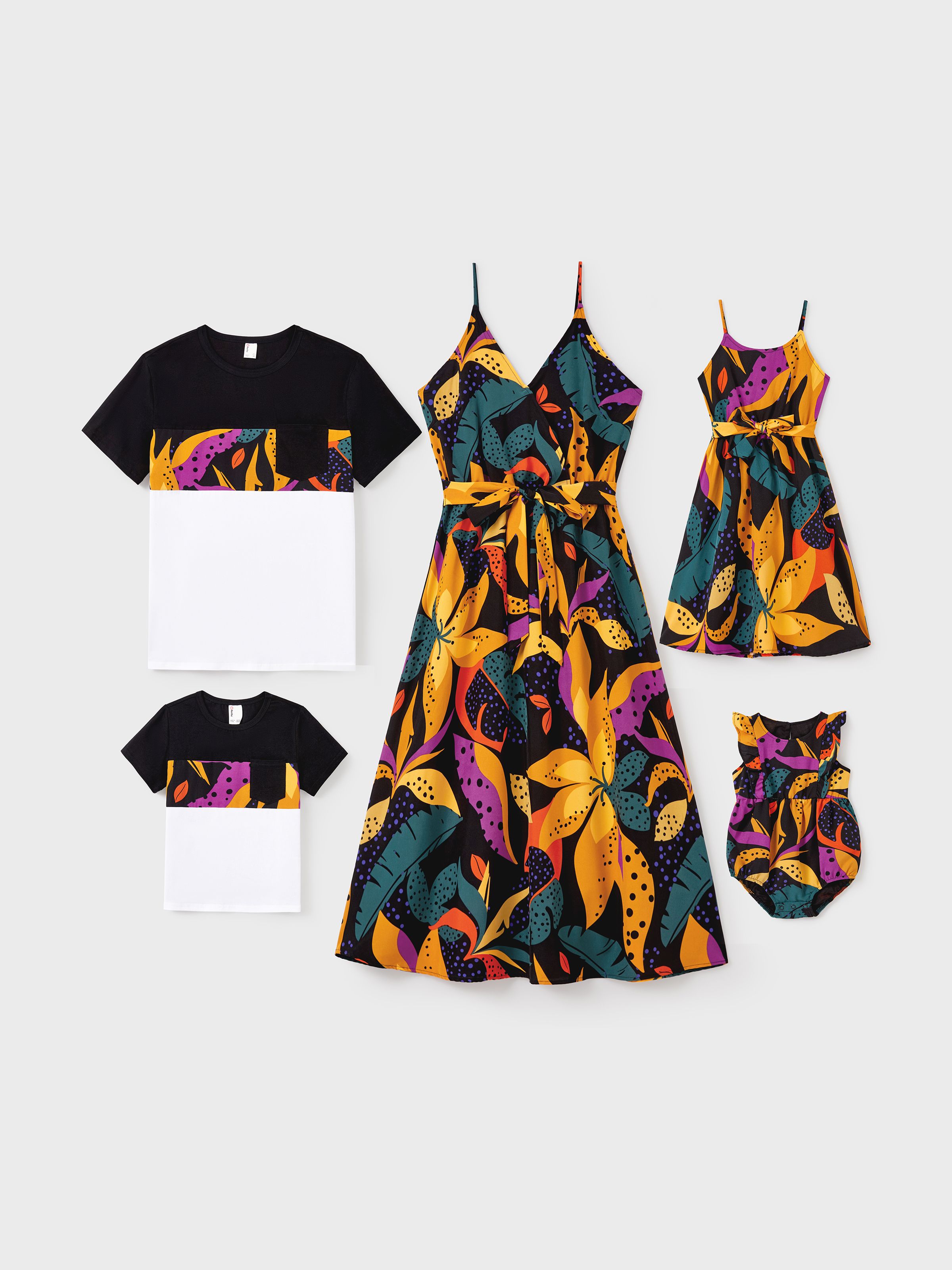 Family Matching 熱帶植物短袖上衣或繫帶腰帶禮服套裝