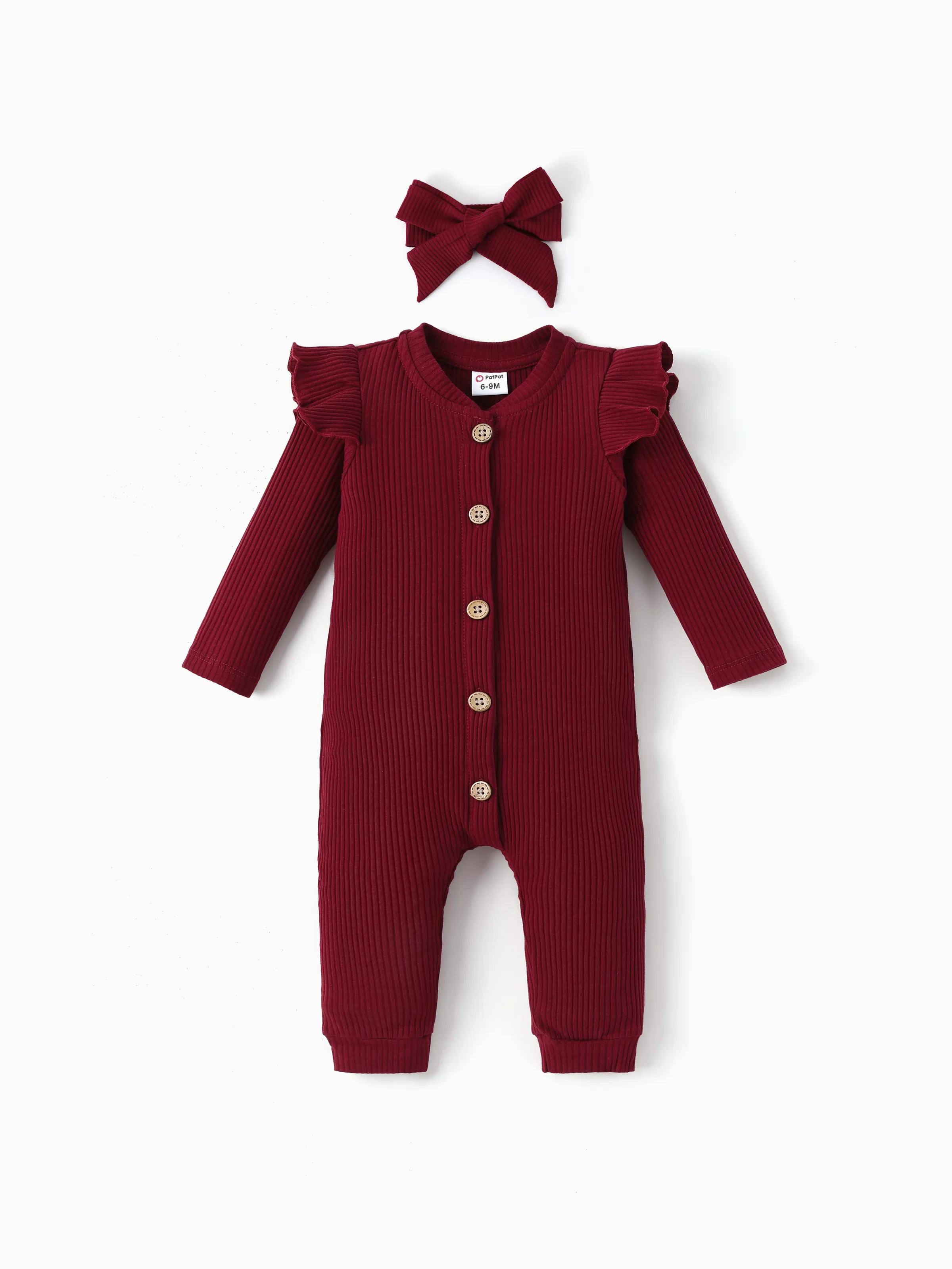 

2pcs Baby Girl Solid Cotton Ribbed Ruffle Long-sleeve Button Front Jumpsuit with Headband Set