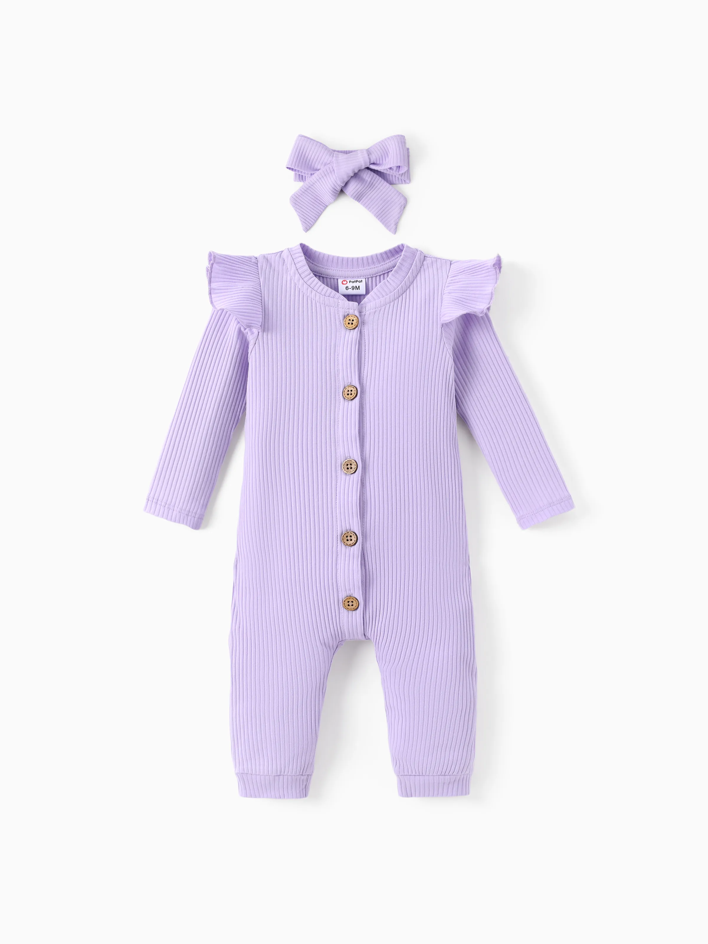 

2pcs Baby Girl Solid Cotton Ribbed Ruffle Long-sleeve Button Front Jumpsuit with Headband Set