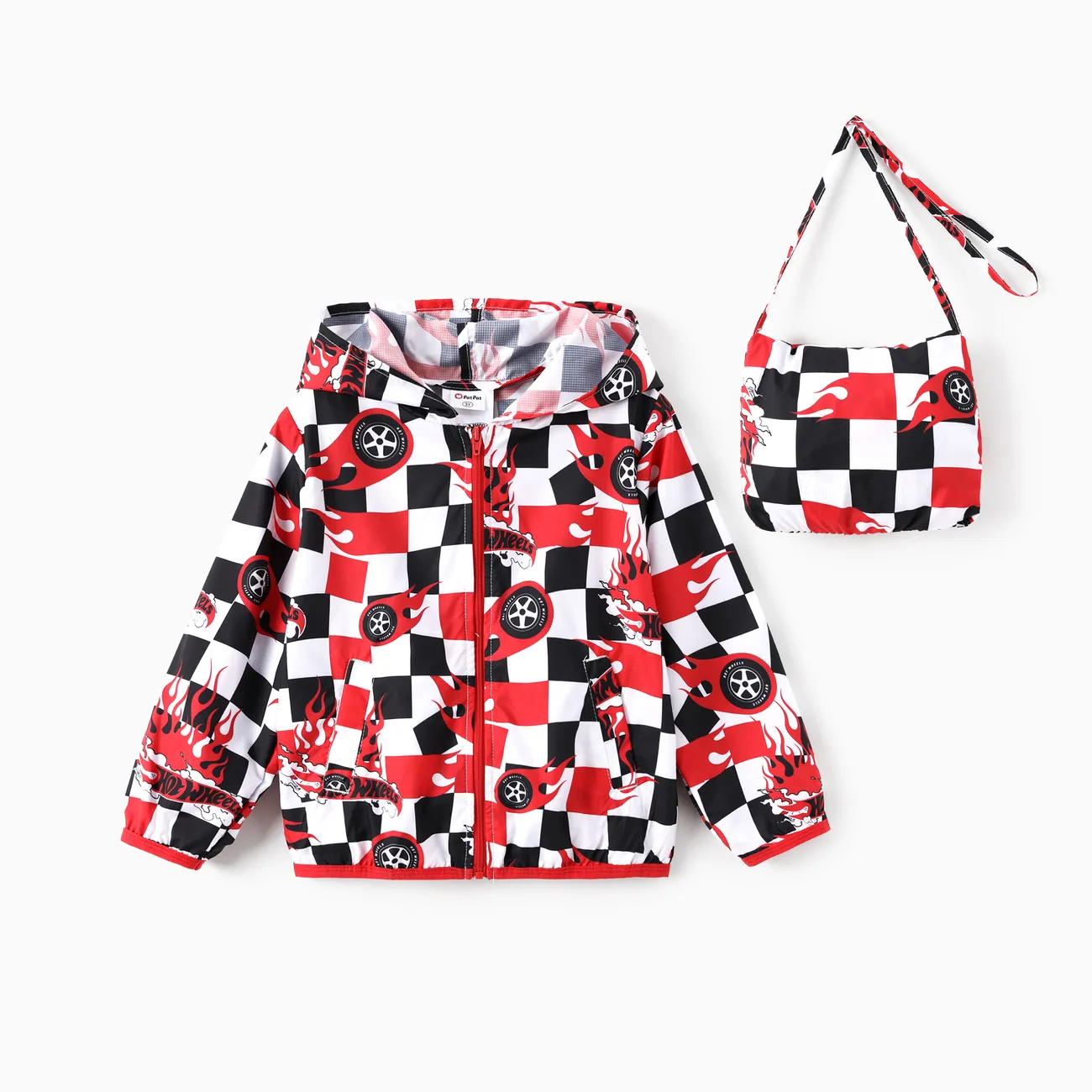 Hot Wheels Toddler/Kid Boy 1pc Red & Black Checkered Allover Print Zipper Hooded Storage Sun Protection Jacket
