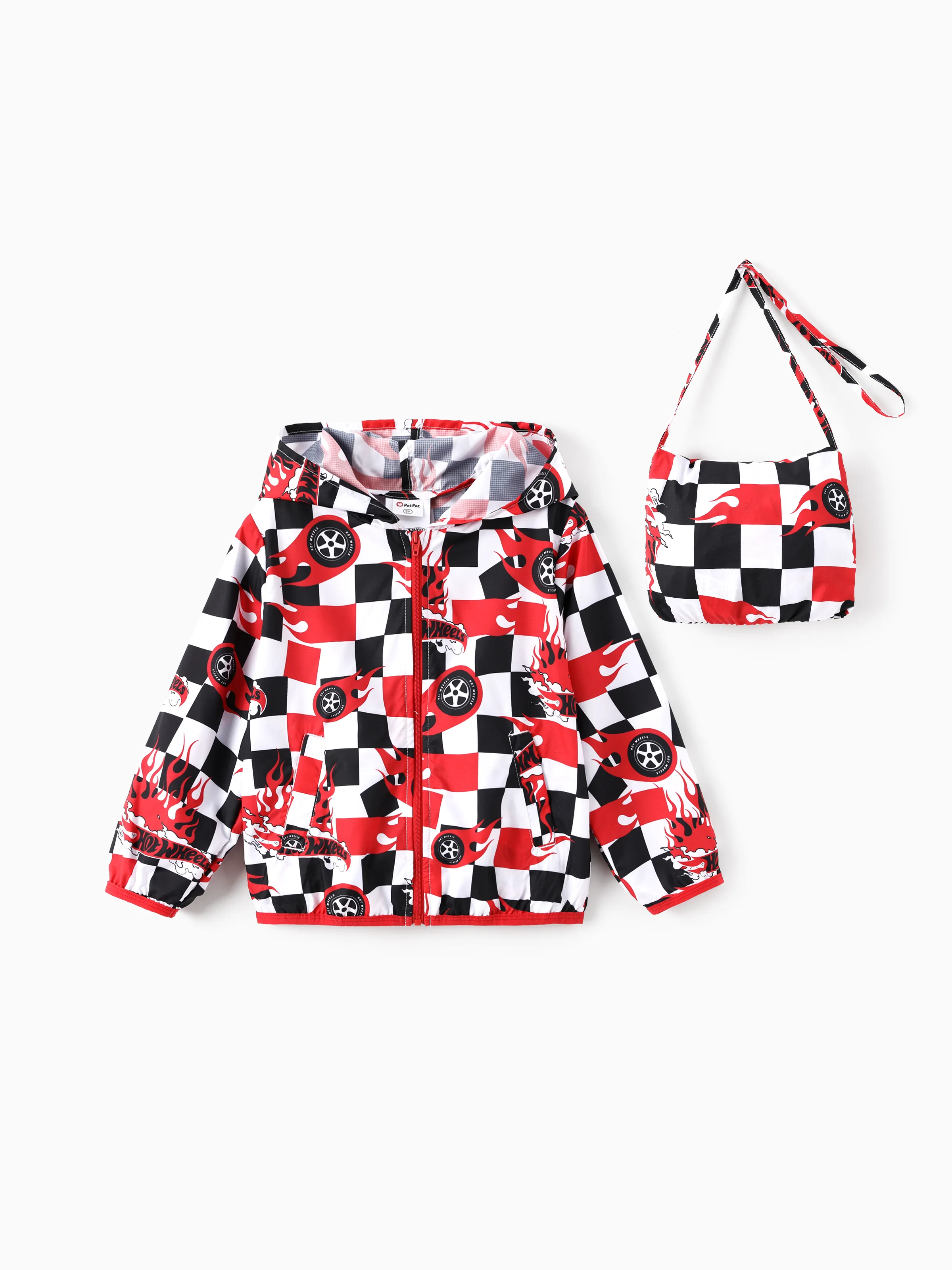 

Hot Wheels Toddler/Kid Boy 1pc Red & Black Checkered Allover Print Zipper Hooded Storage Sun Protection Jacket