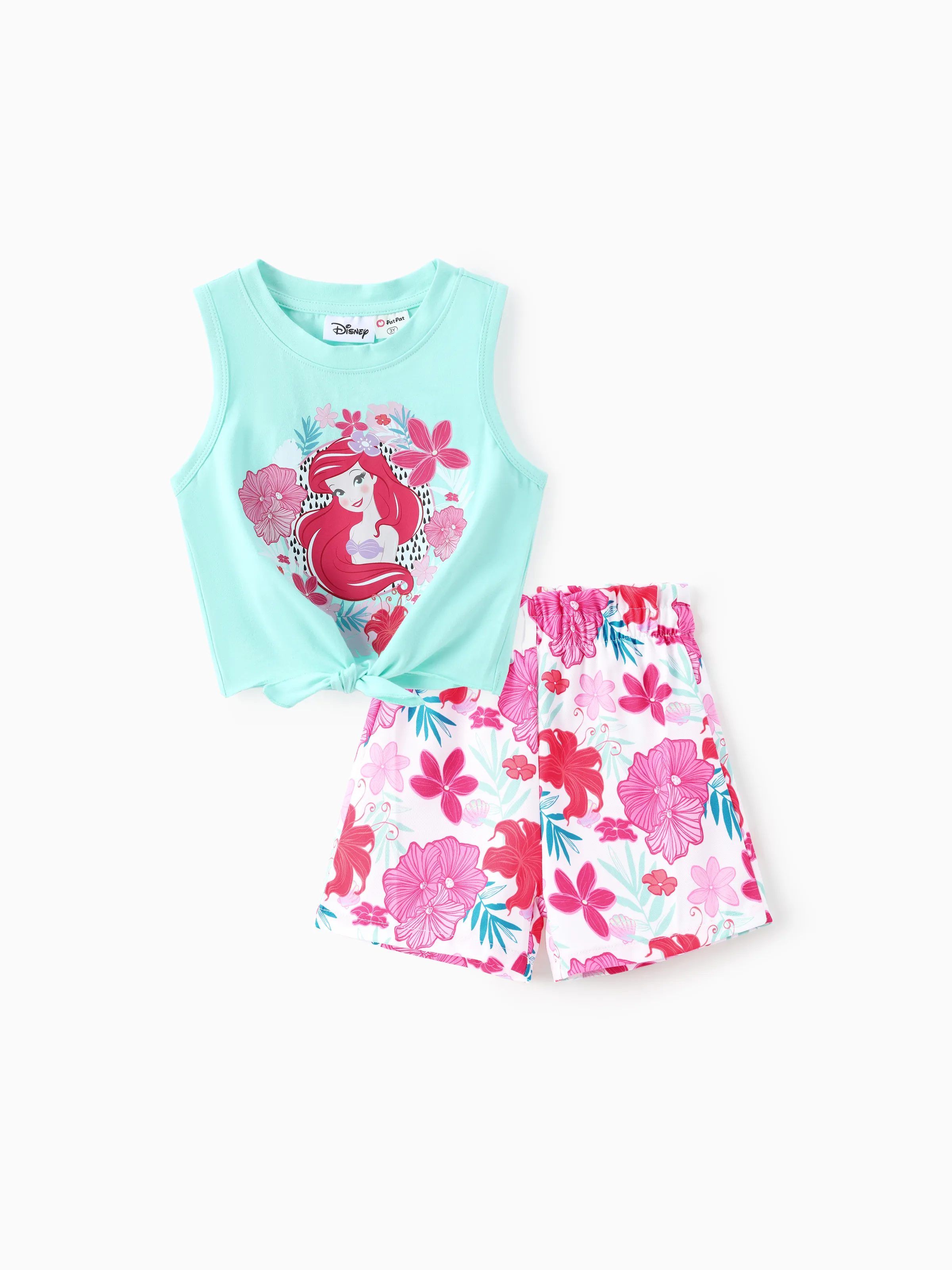 

Disney Princess Toddler Girl 2pcs Cotton Moana/Ariel Floral Print Knotted Sleeveless Tank Top And Shorts Set