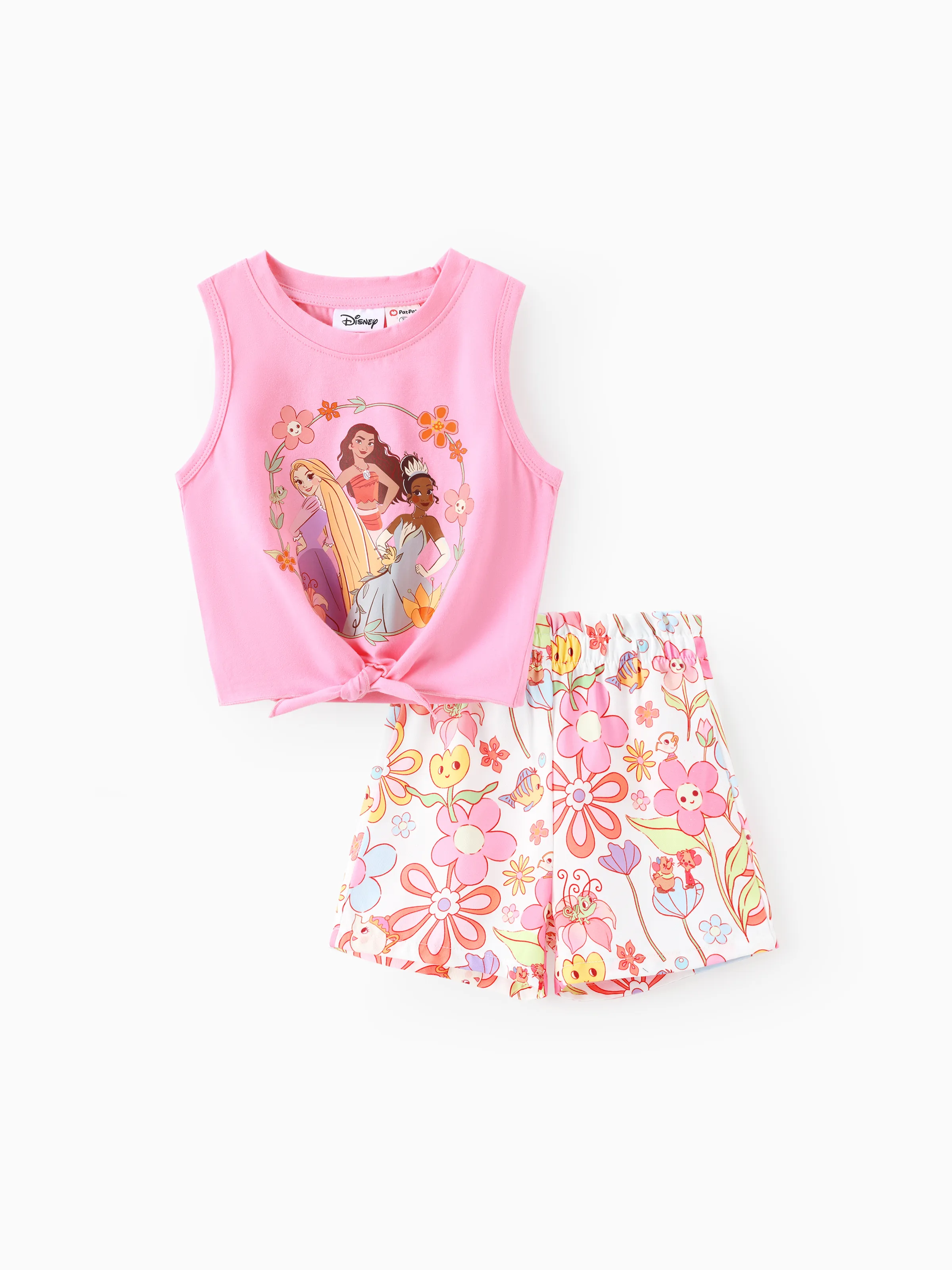 Disney Princesa Niña Pequeña 2 Piezas Moana / Ariel Algodón Estampado Floral Anudado Sin Mangas Sin Mangas Y Conjunto De Pantalones Cortos 