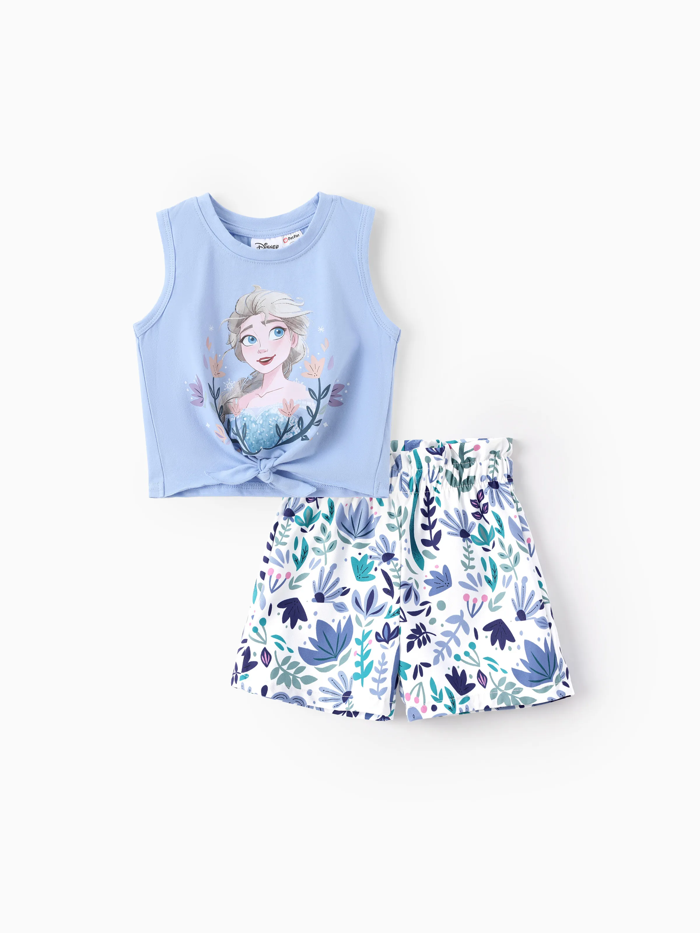 

Disney Frozen Toddler Girl 2pcs Cotton Elsa Pattern Knotted Tank Top And Floral Print Shorts Set