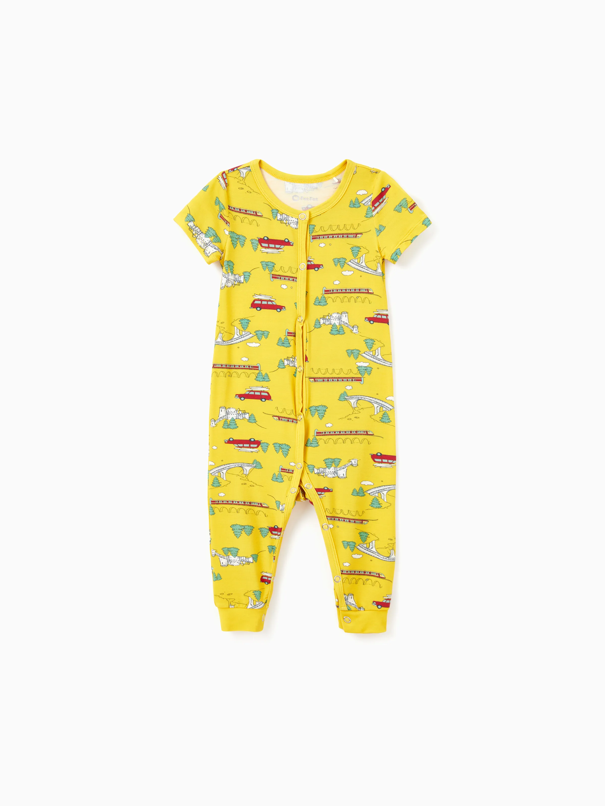 

Bamboo Family Yellow PJs Cute Car and Tree Print Short Sleeve & Long Pants Sleepwear Matching Pajama set (Snug-Fitting for Children)
