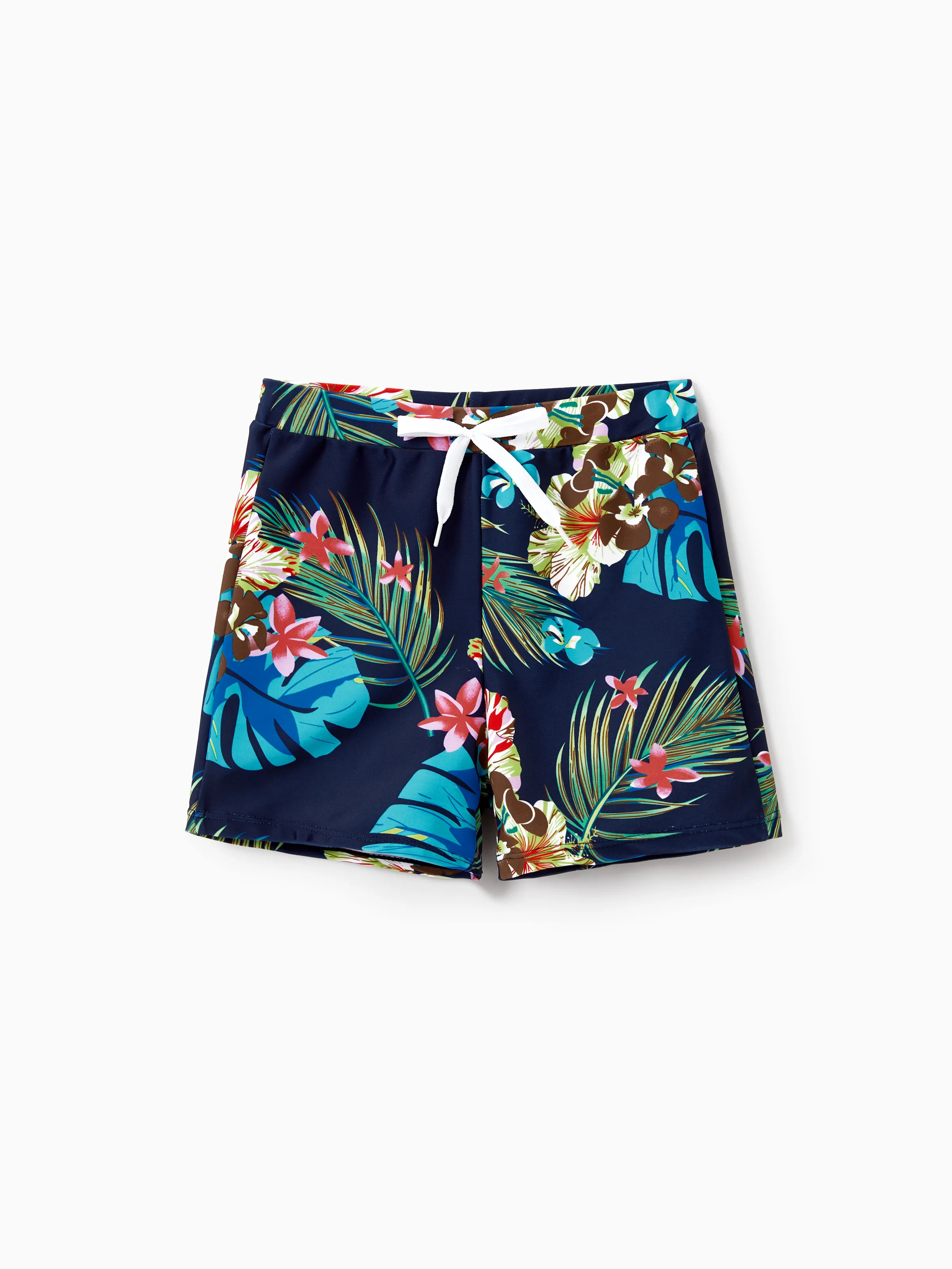 

Family Matching Tropical Leaf and Flora Print Blue Swim Trunks or 2 Pieces Tie Front Tankini Swimsuit