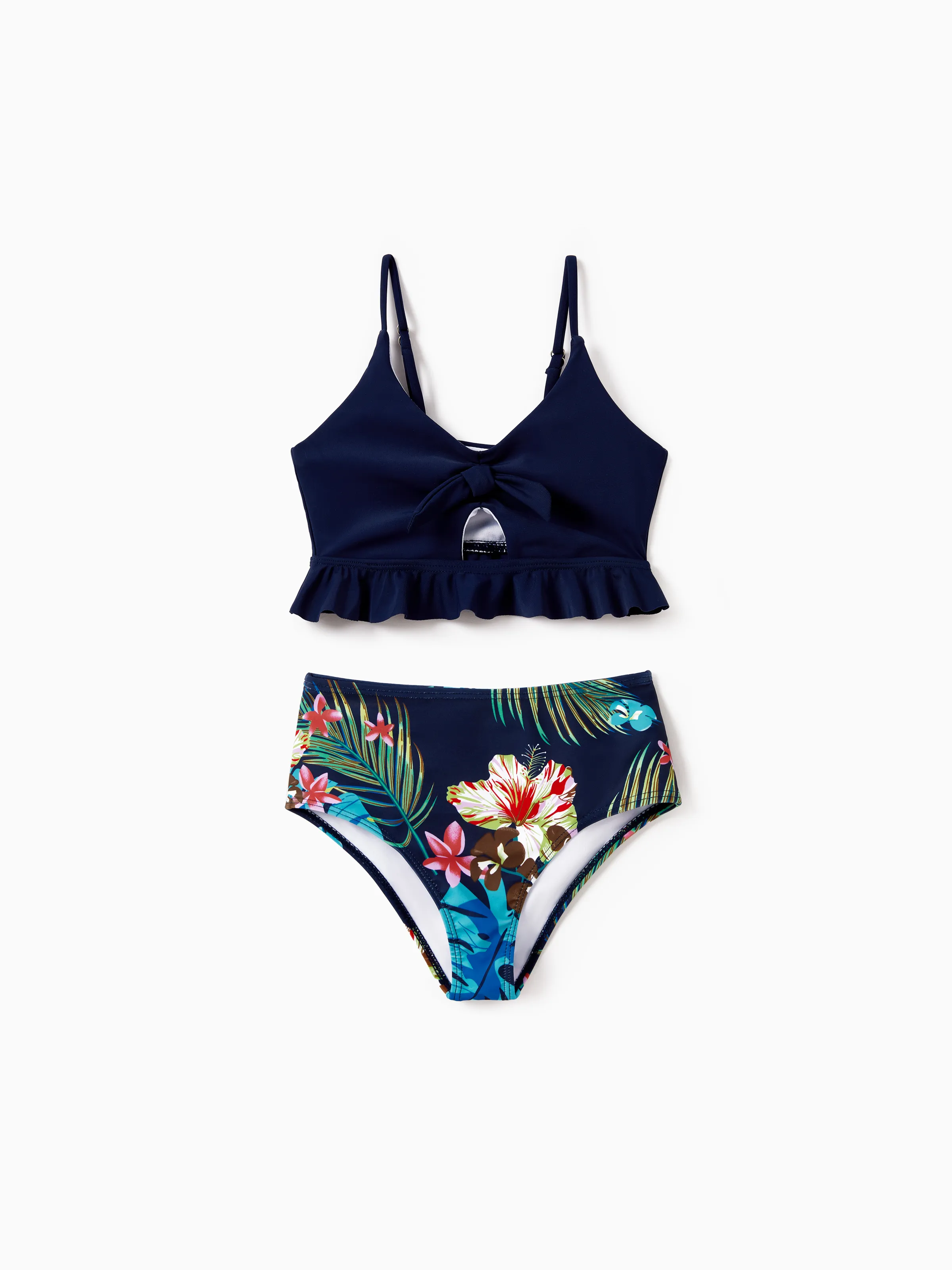 

Family Matching Tropical Leaf and Flora Print Blue Swim Trunks or 2 Pieces Tie Front Tankini Swimsuit