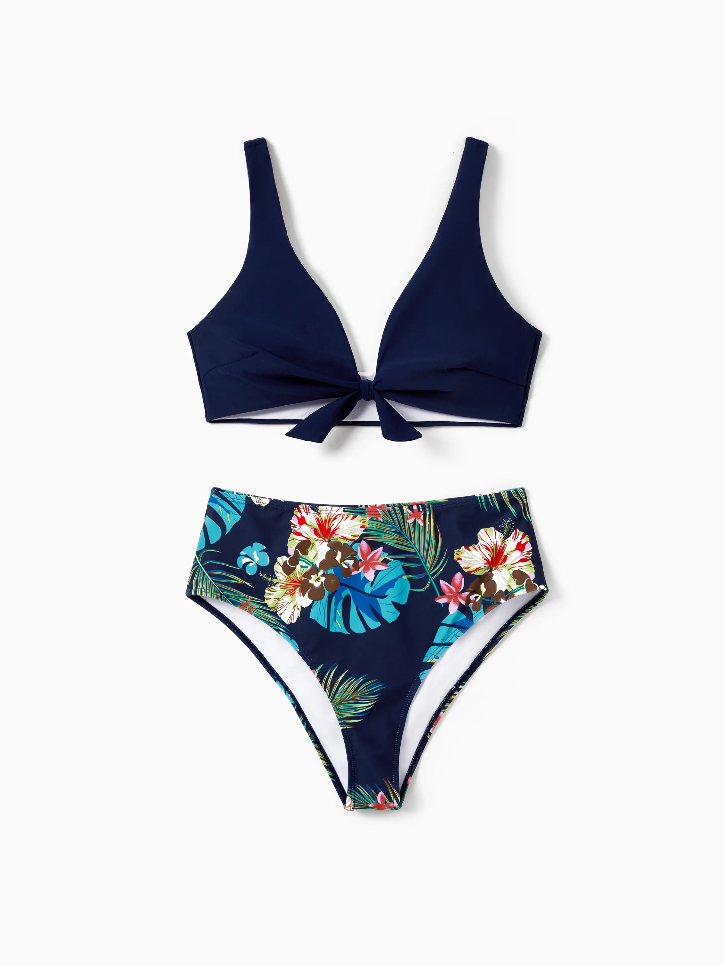 

Family Matching Tropical Leaf and Flora Print Blue Swim Trunks or 2 Pieces Tie Front Tankini Swimsuit