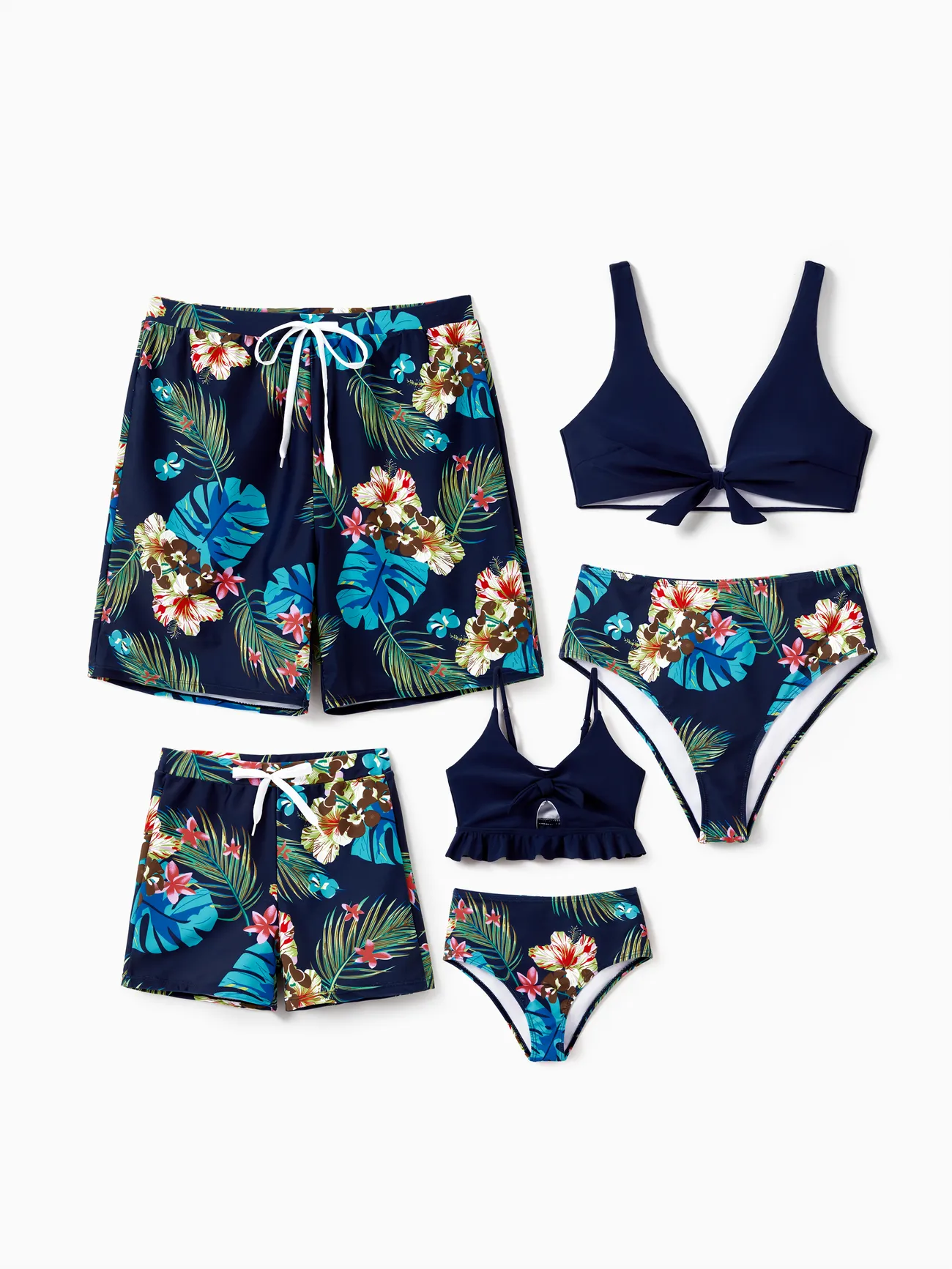  Family Matching Tropical Leaf and Flora Print Blue Swim Trunks or 2 Pieces Tie Front Tankini Swimsuit