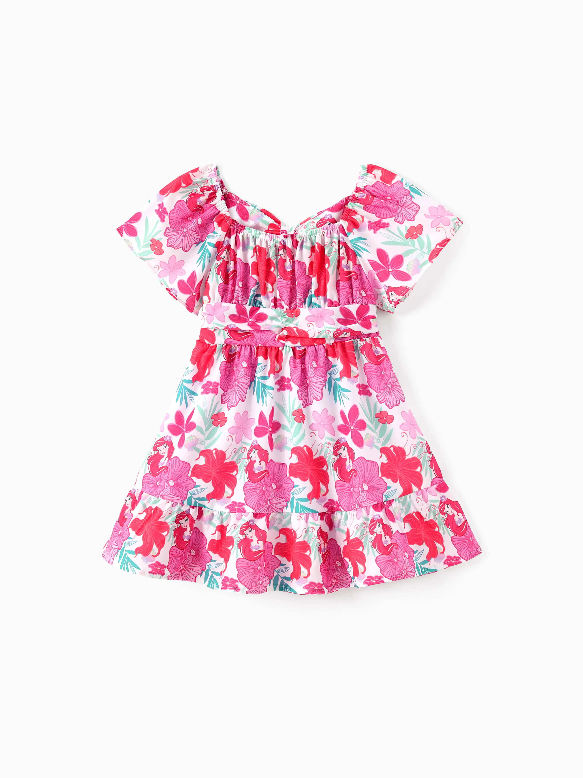 

Disney Princess Toddler Girl 1pc Ariel/Moana Floral Allover Print Bowknot Ruffled sleeves Dress