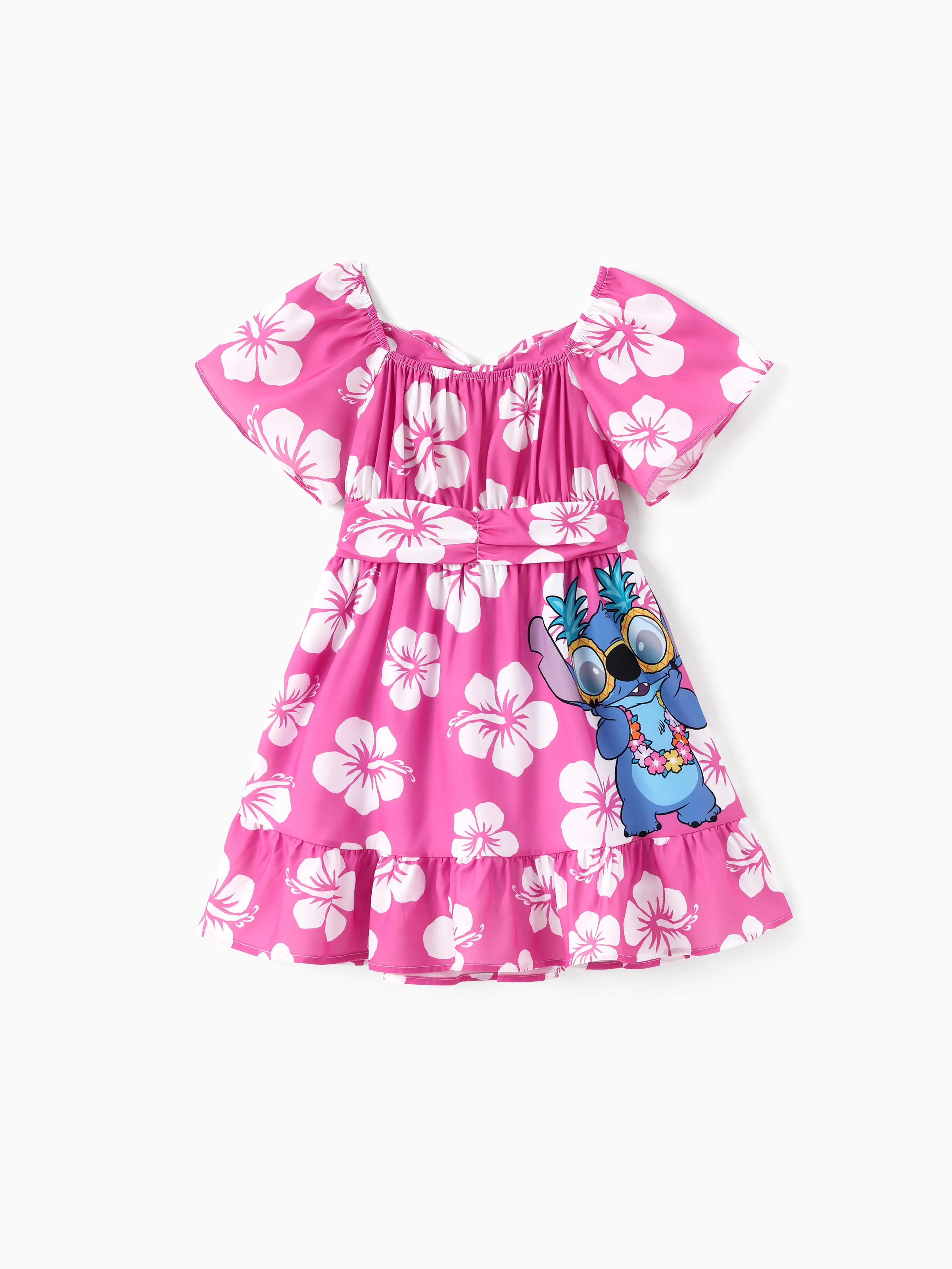 

Disney Stitch Kid Girl 1pc Floral/Palm Tree Tropical Print Bowknot Ruffle-sleeve Dress