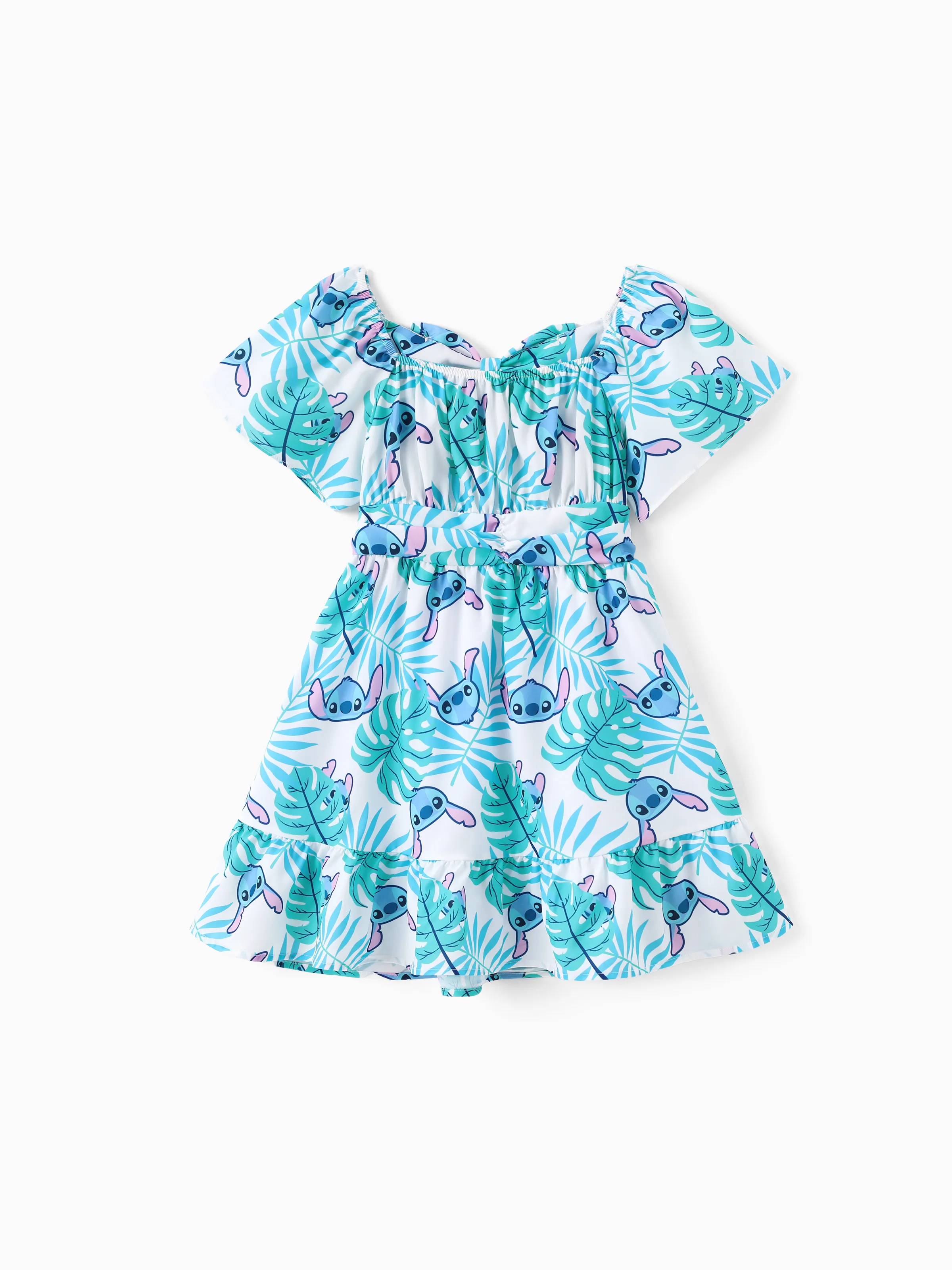 

Disney Stitch Kid Girl 1pc Floral/Palm Tree Tropical Print Bowknot Ruffle-sleeve Dress