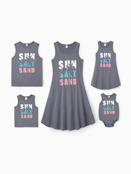 Family Matching Letter Print Sleeveless Tank Top or Tank Dress Set