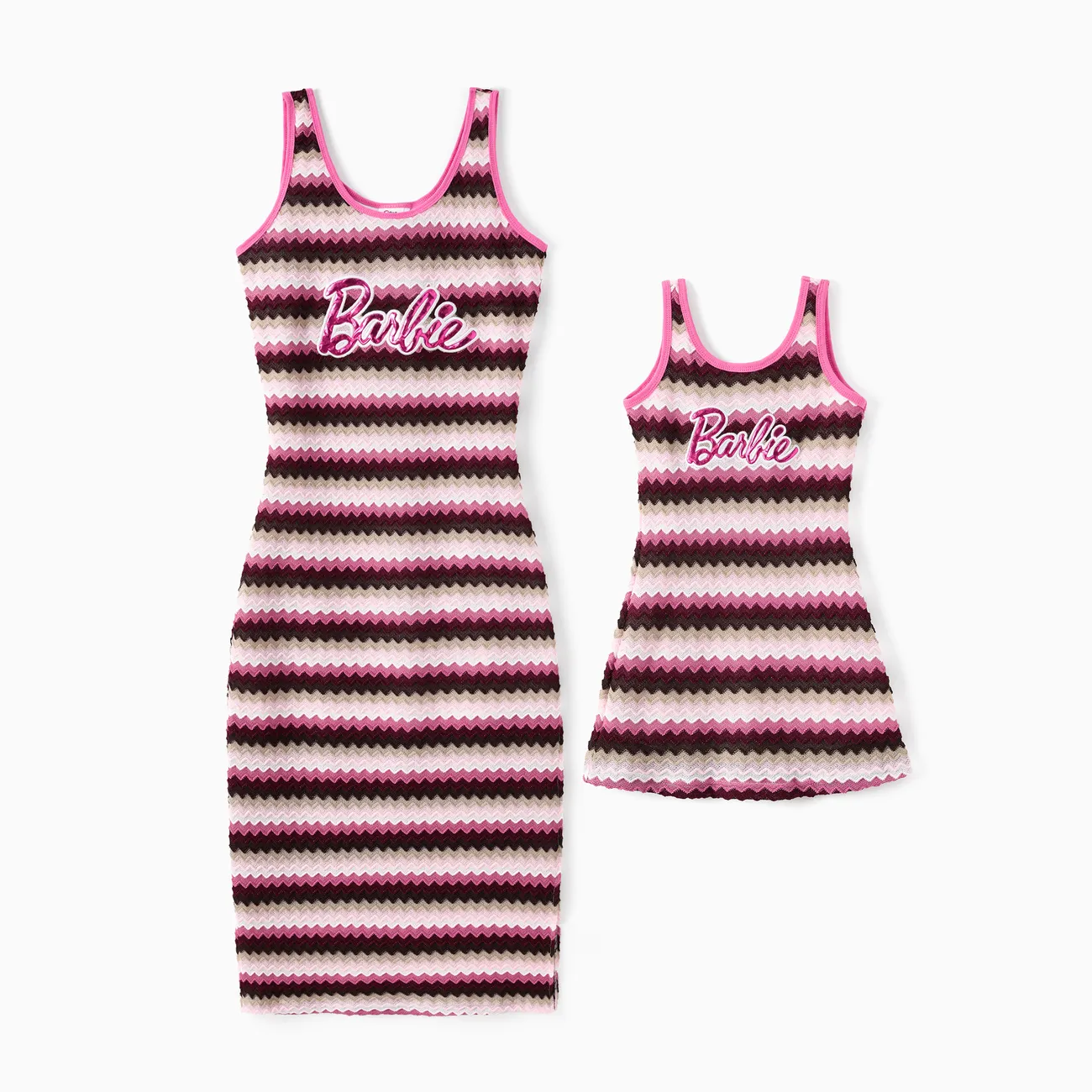 Women - Barbie - Matching Mom and Daughter Dresses 1pc Embroidered Striped Sleeveless Knitted Dress - Hot Pink - image 4