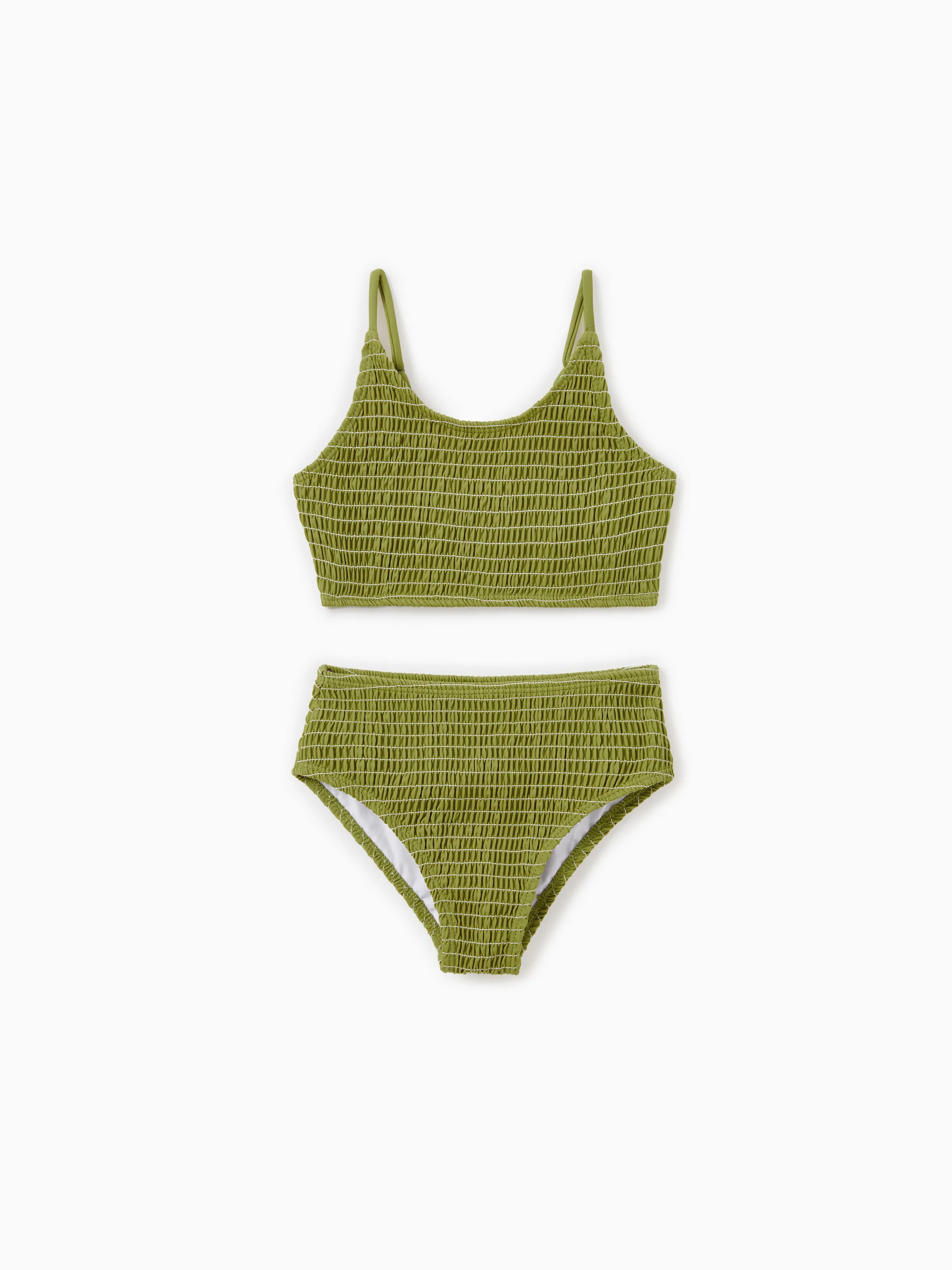 

Family Matching Swimsuits Green & White Color Block Swim Trunks or Textured Ribbed 2-Piece High-Waisted Bikini Summer Beach Swimwear Set