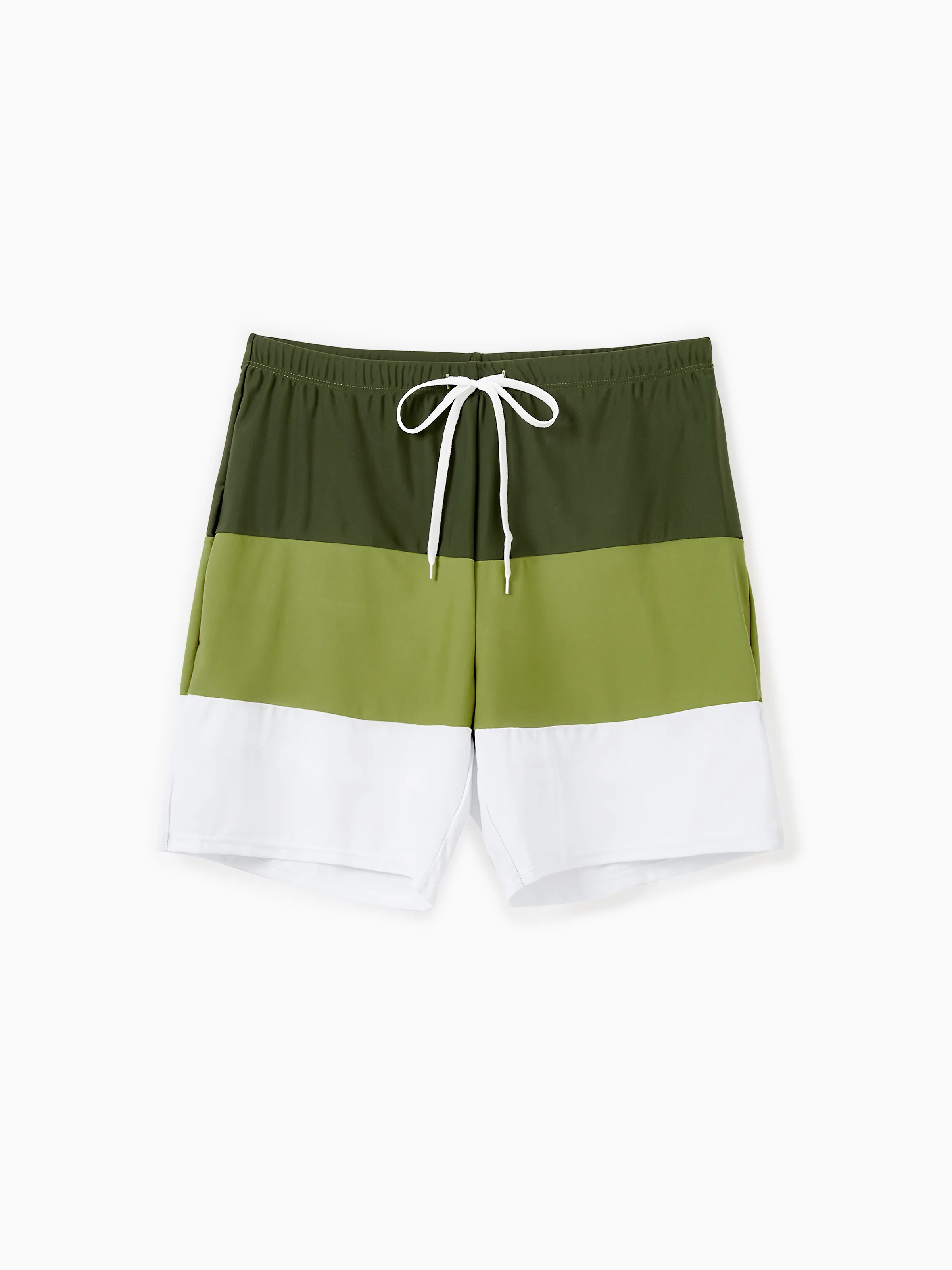 

Family Matching Swimsuits Green & White Color Block Swim Trunks or Textured Ribbed 2-Piece High-Waisted Bikini Summer Beach Swimwear Set