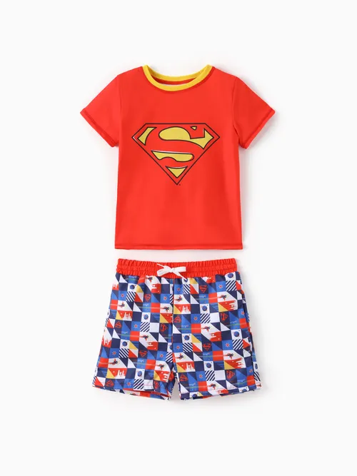 Liga de la Justicia Niño Pequeño/Niño 2pcs Superman/Batman UPF 50+ Top De Manga Corta Y Traje De Baño 