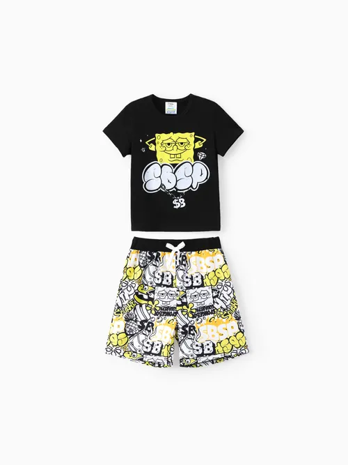 

SpongeBob SquarePants Kid Boy 2pcs Cotton Character Streetwear Graffiti Print Top And Shorts Set