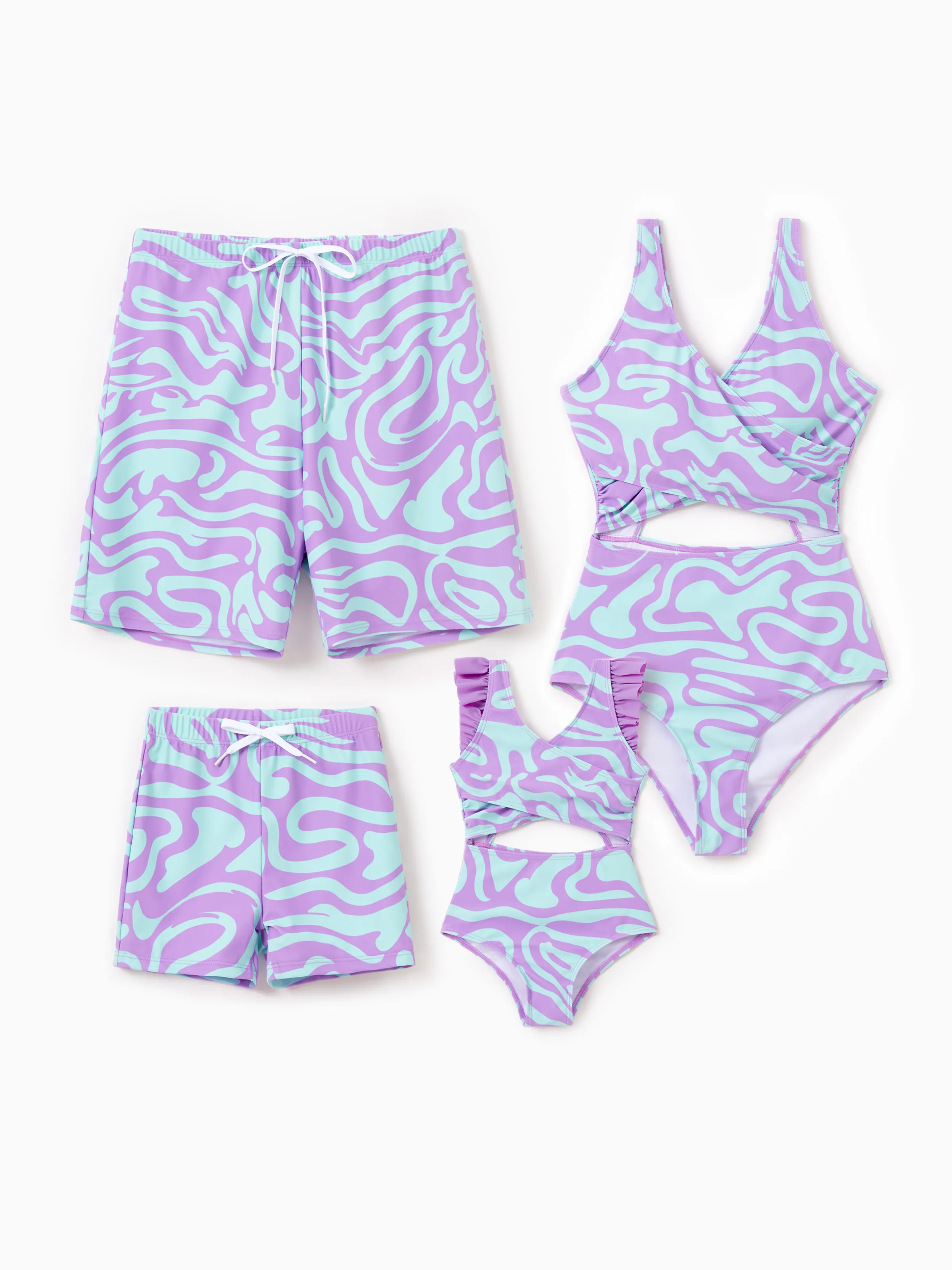 Purple Matching Swimsuits for Couple and Family - Wave Swim Trunks or One-Piece Swimsuit Midriff Cutout