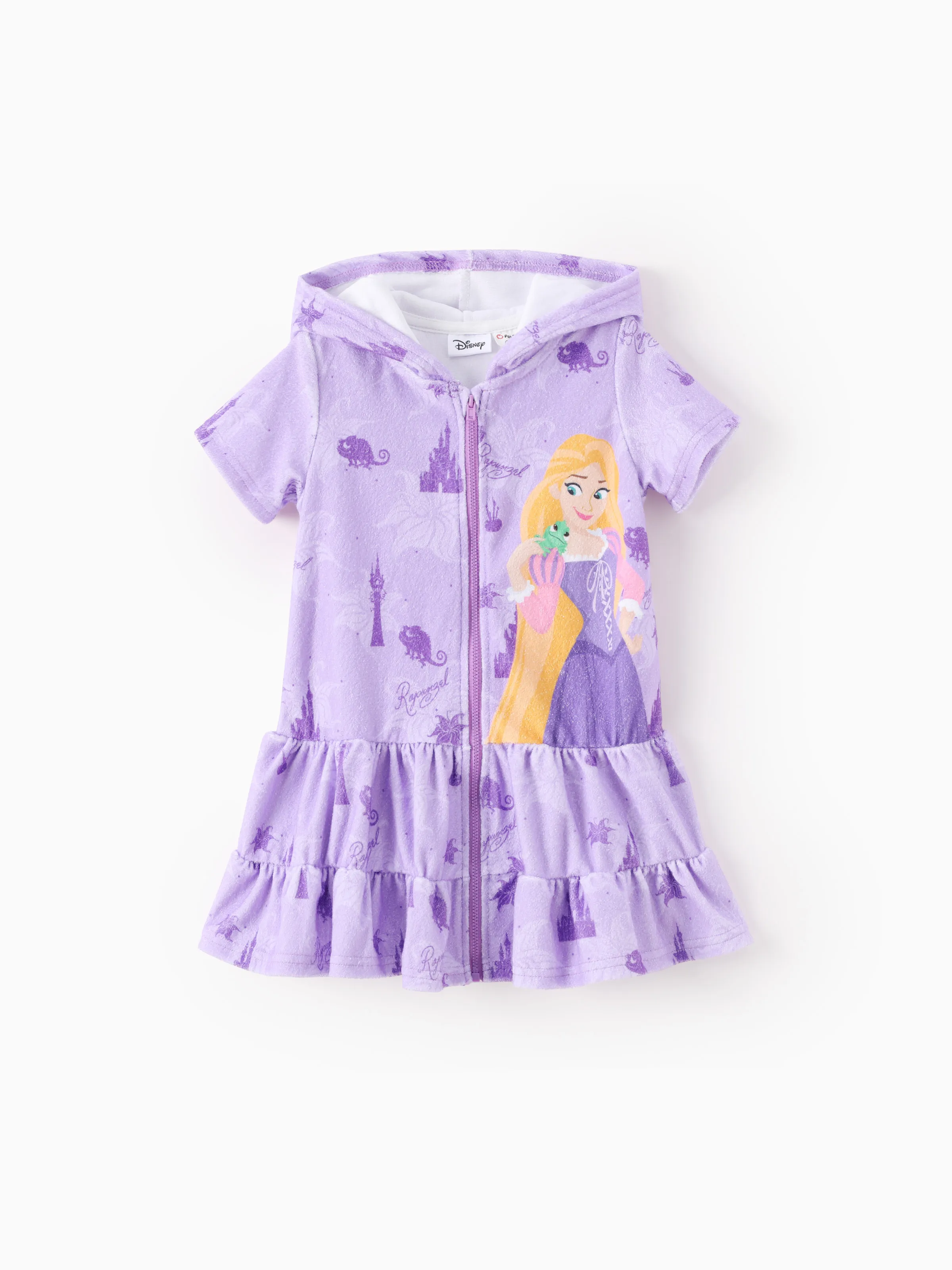 

Disney Princess Toddler/Kid Girl 1pc Ariel/Moana/Rapunzel Shell/Palm/Castle Allover Print Hooded Zipper Ruffle-hem Swim Cover-up