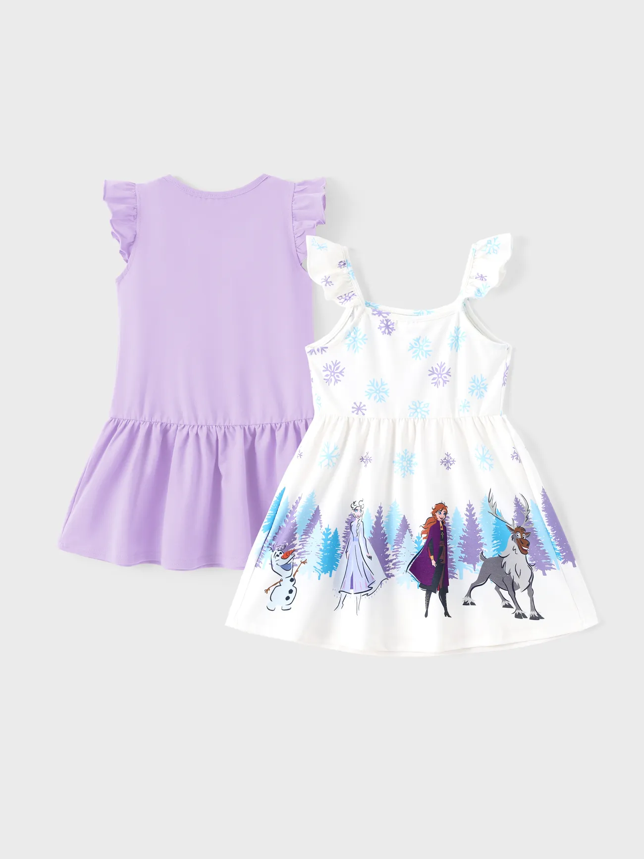 Light Purple - Disney Frozen Toddler Girl 2-Pack Elsa and Anna Snowflake/Floral Print Ruffled Dress - image 2
