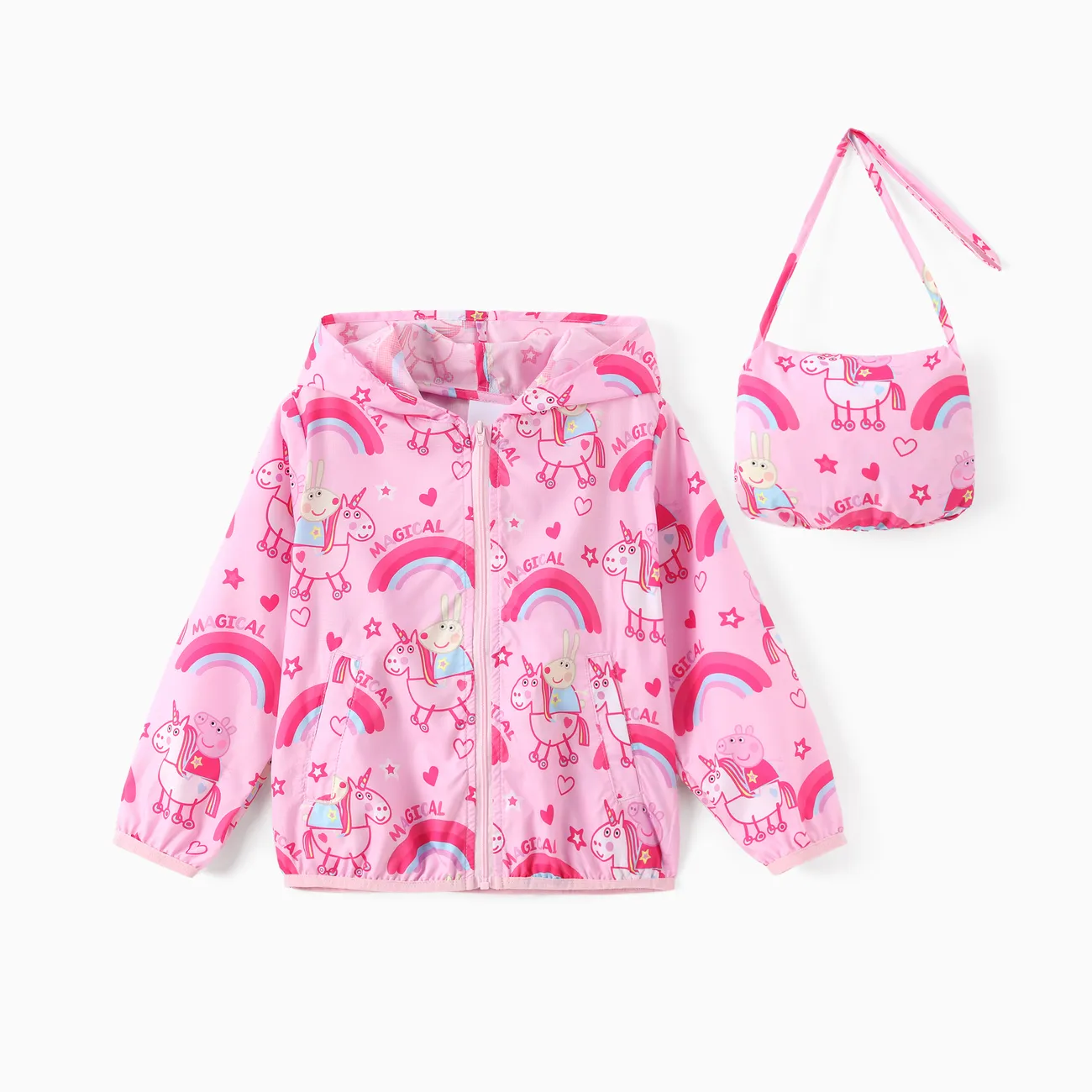 Peppa Pig Toddler Girl 1pc Rainbow Unicorn Allover Print Zipper Hooded Storage Sun Protection Jacket