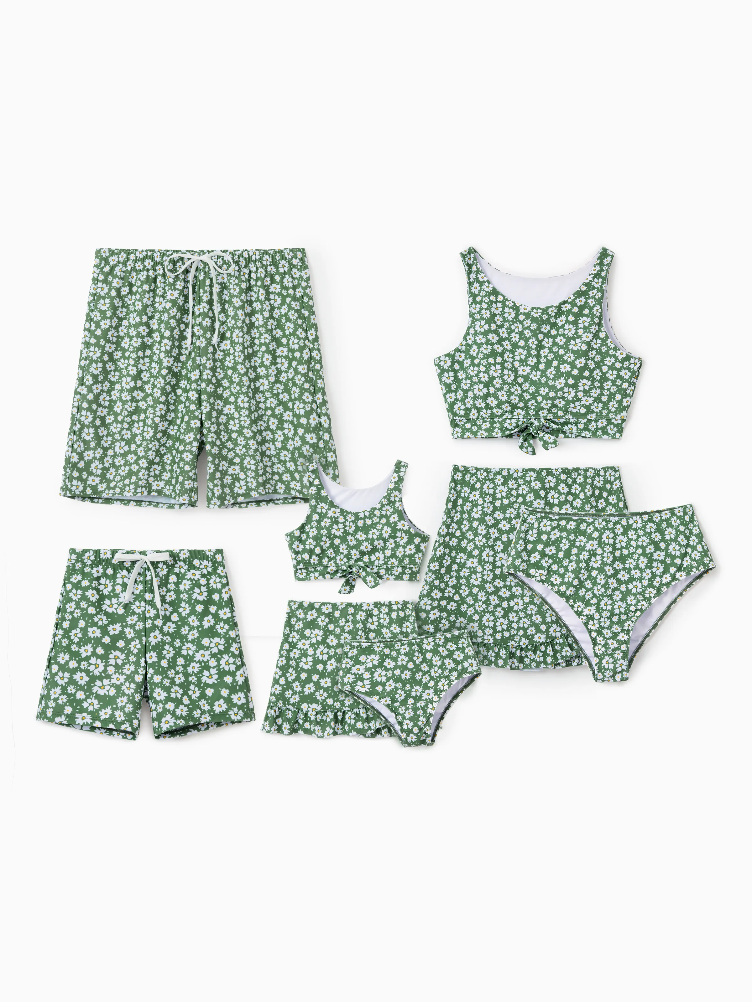 

Family Matching Daisy Print Green Swim Trunks or 3-piece Ruffle Swimsuit with Coverup Skirt