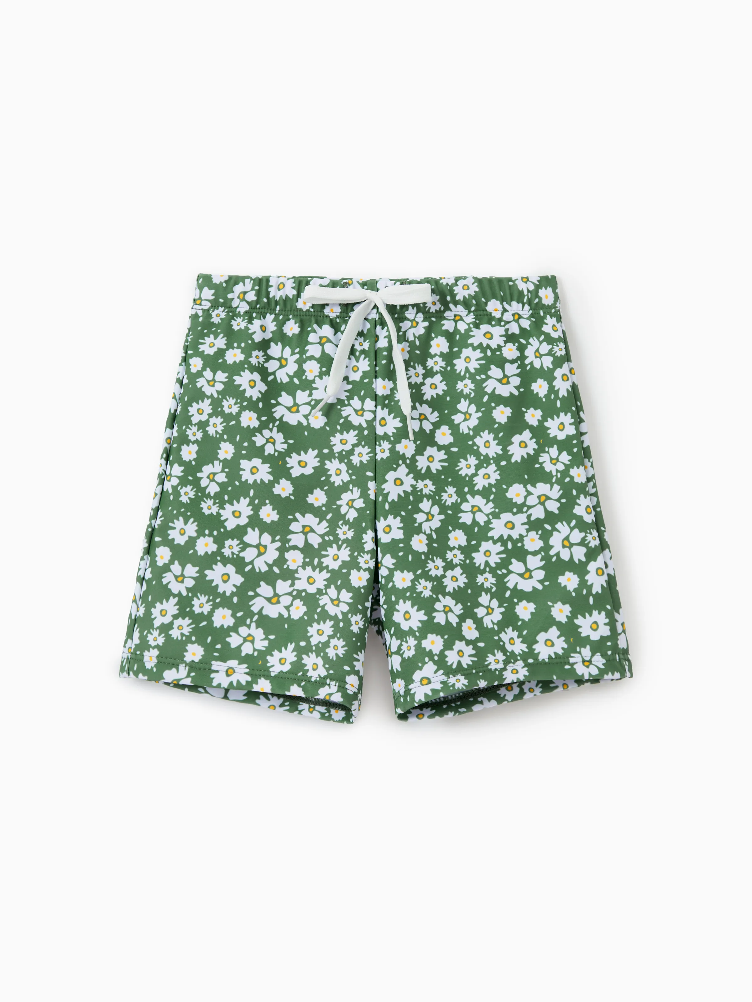 

Family Matching Daisy Print Green Swim Trunks or 3-piece Ruffle Swimsuit with Coverup Skirt