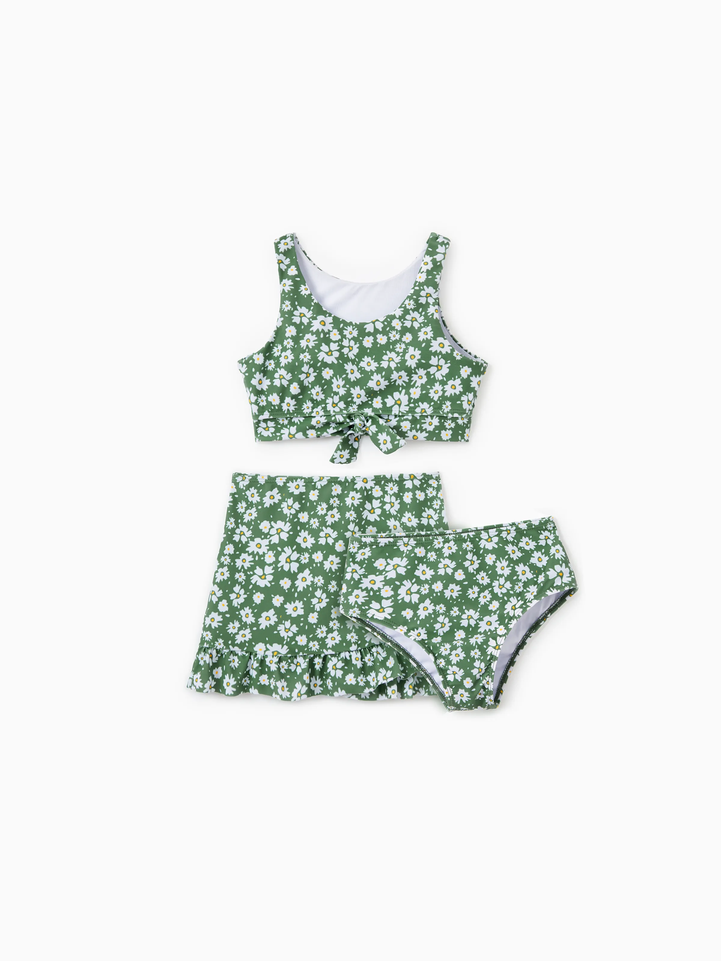 

Family Matching Daisy Print Green Swim Trunks or 3-piece Ruffle Swimsuit with Coverup Skirt