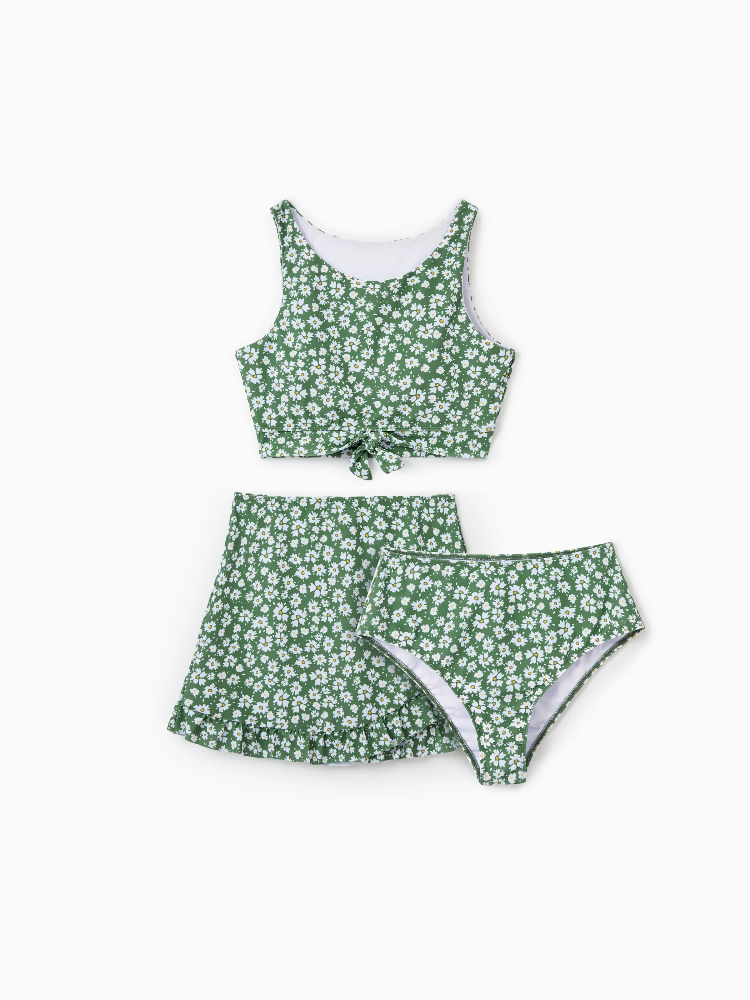 

Family Matching Daisy Print Green Swim Trunks or 3-piece Ruffle Swimsuit with Coverup Skirt