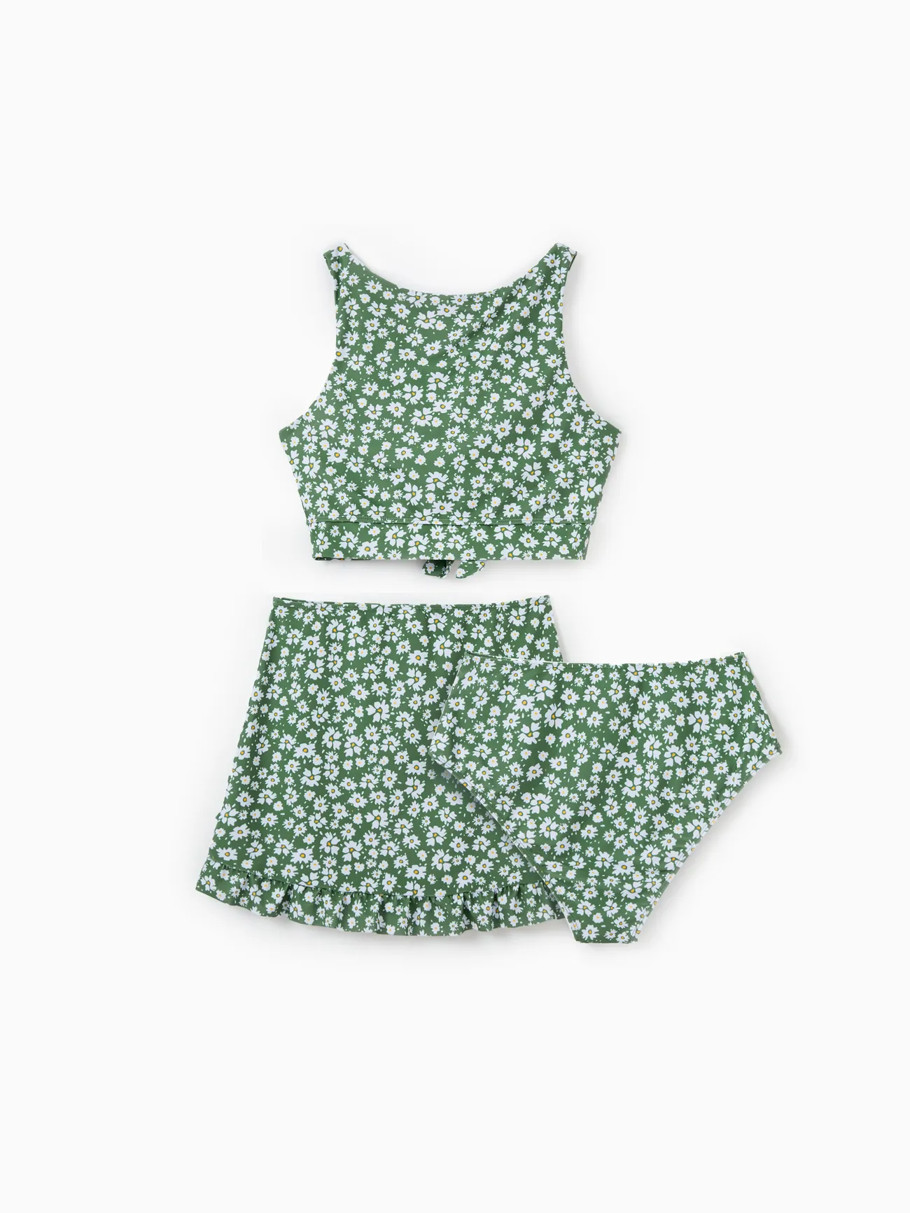 Women - Green Matching Family Swimsuits Two-piece or 3-piece Ruffle Swimsuit with Coverup Skirt - Green - image 5